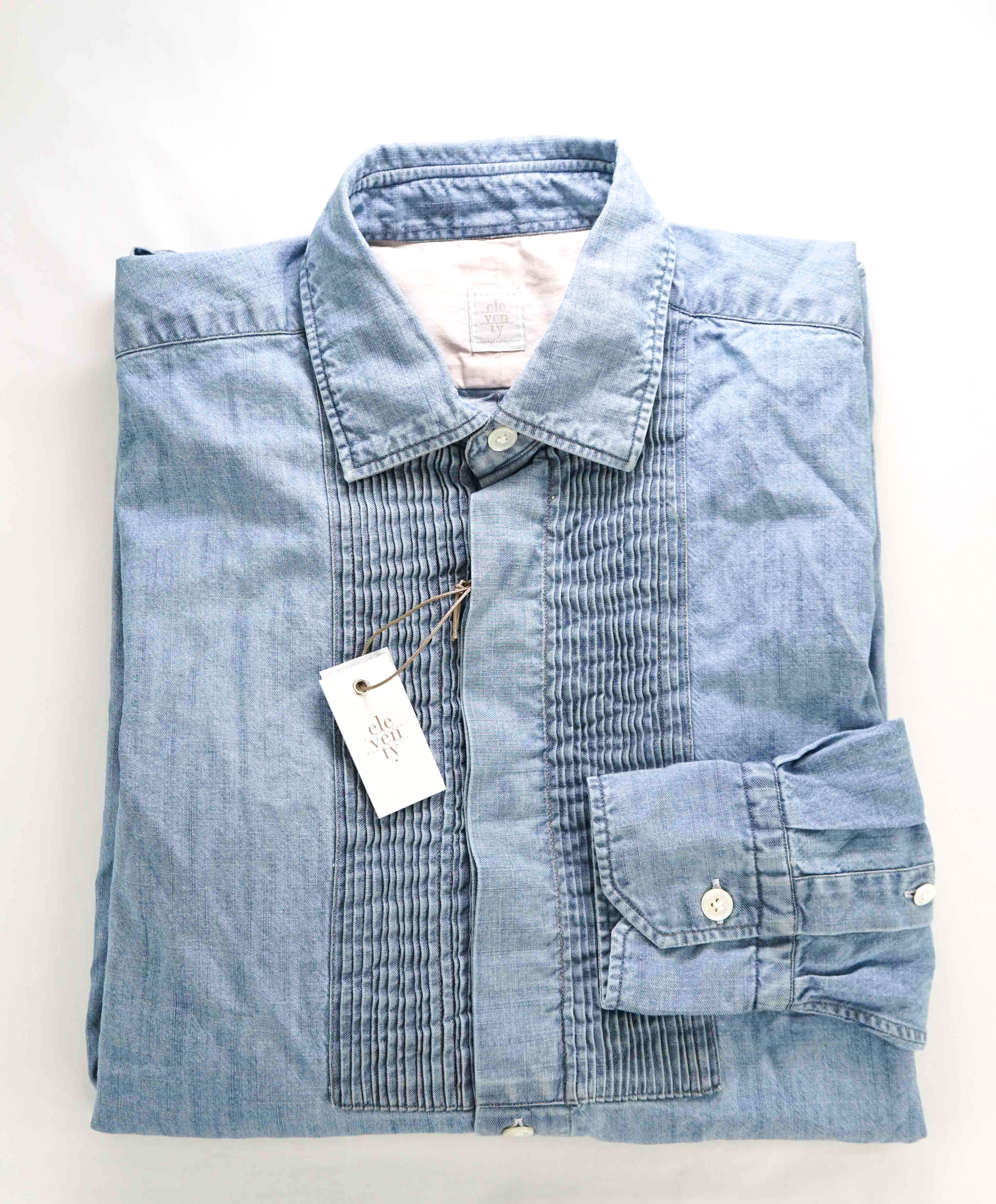 $445 ELEVENTY - Cotton *PLEATED* Blue Chambray Denim Button Down Shirt - M