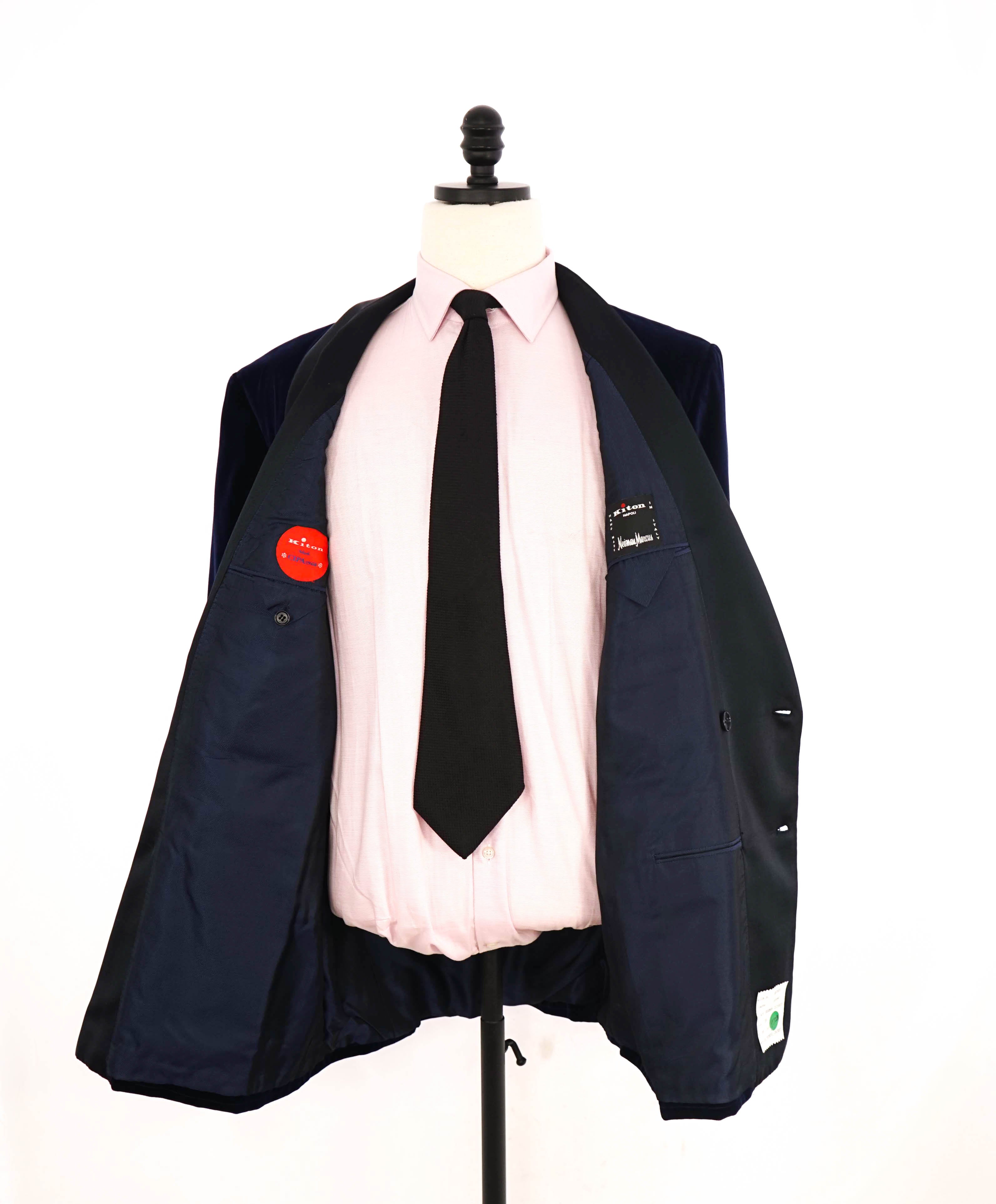 $10,000 KITON - Navy Velvet Shawl Double Breasted Dinner Jacket Blazer - 48L