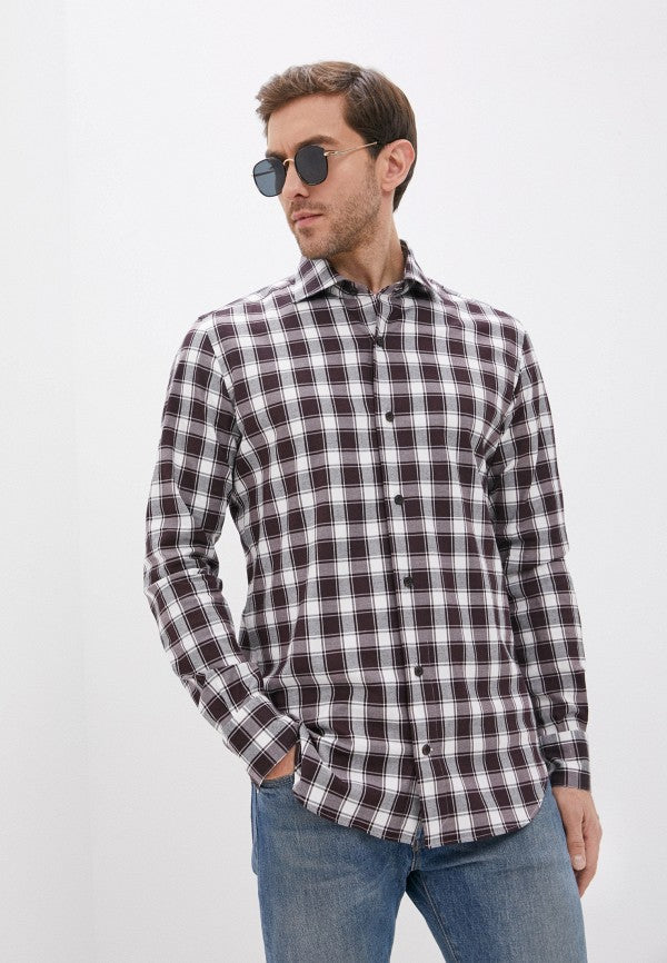 $395 ELEVENTY - Burgundy Check Plaid *Wide Spread Collar* Button Down Shirt - XL