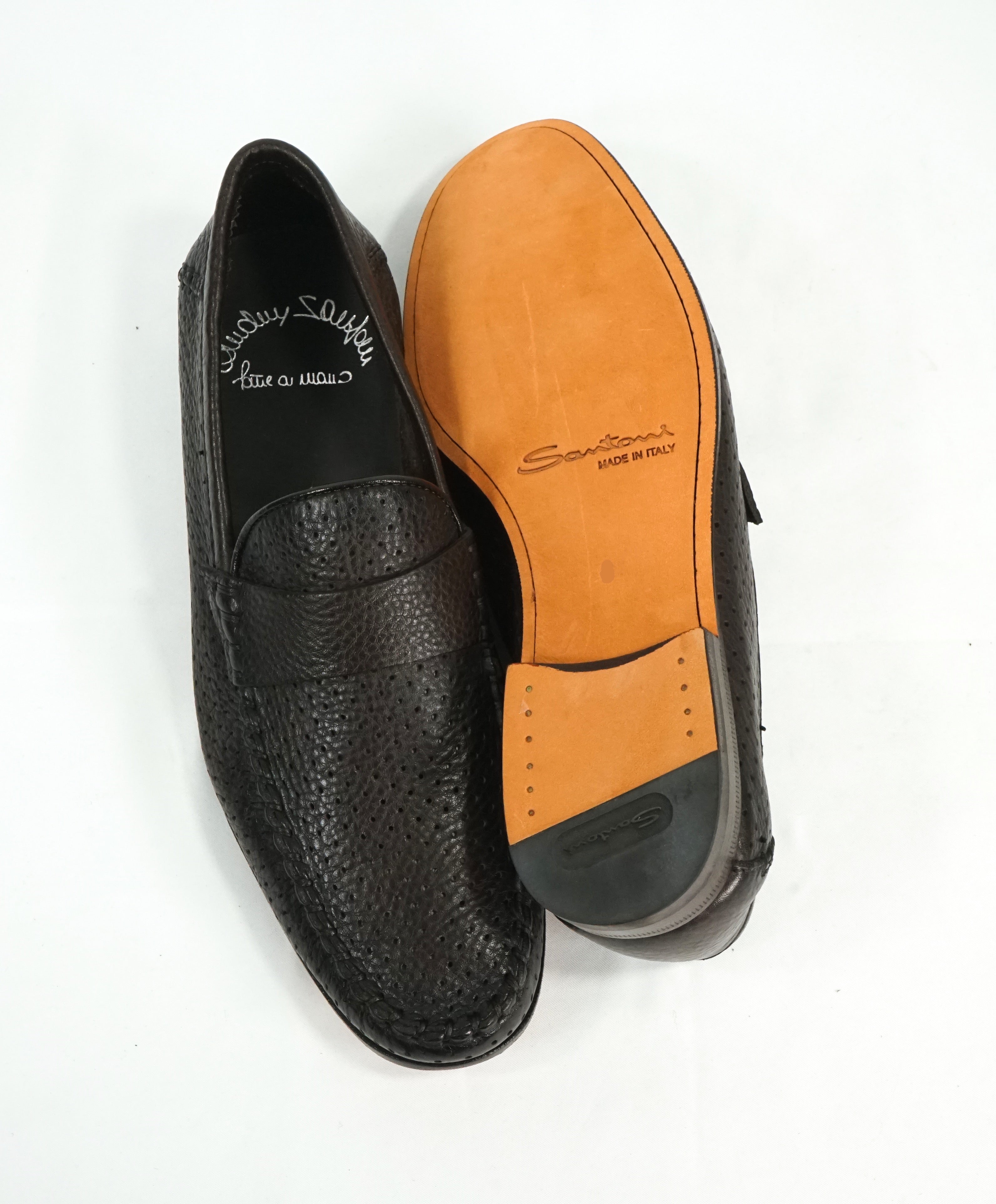 SANTONI - Brown Leather Perforated Unlined Venetian Loafers- 7