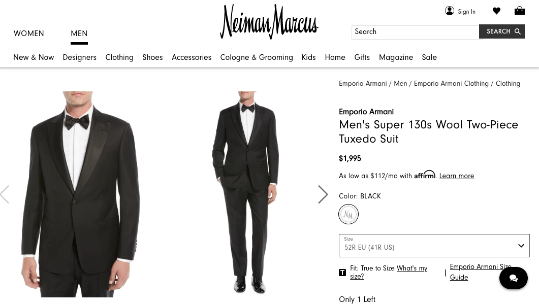 $1,995 EMPORIO ARMANI - “M LINE” 1-Btn Peak Lapel Tuxedo Suit - 40S