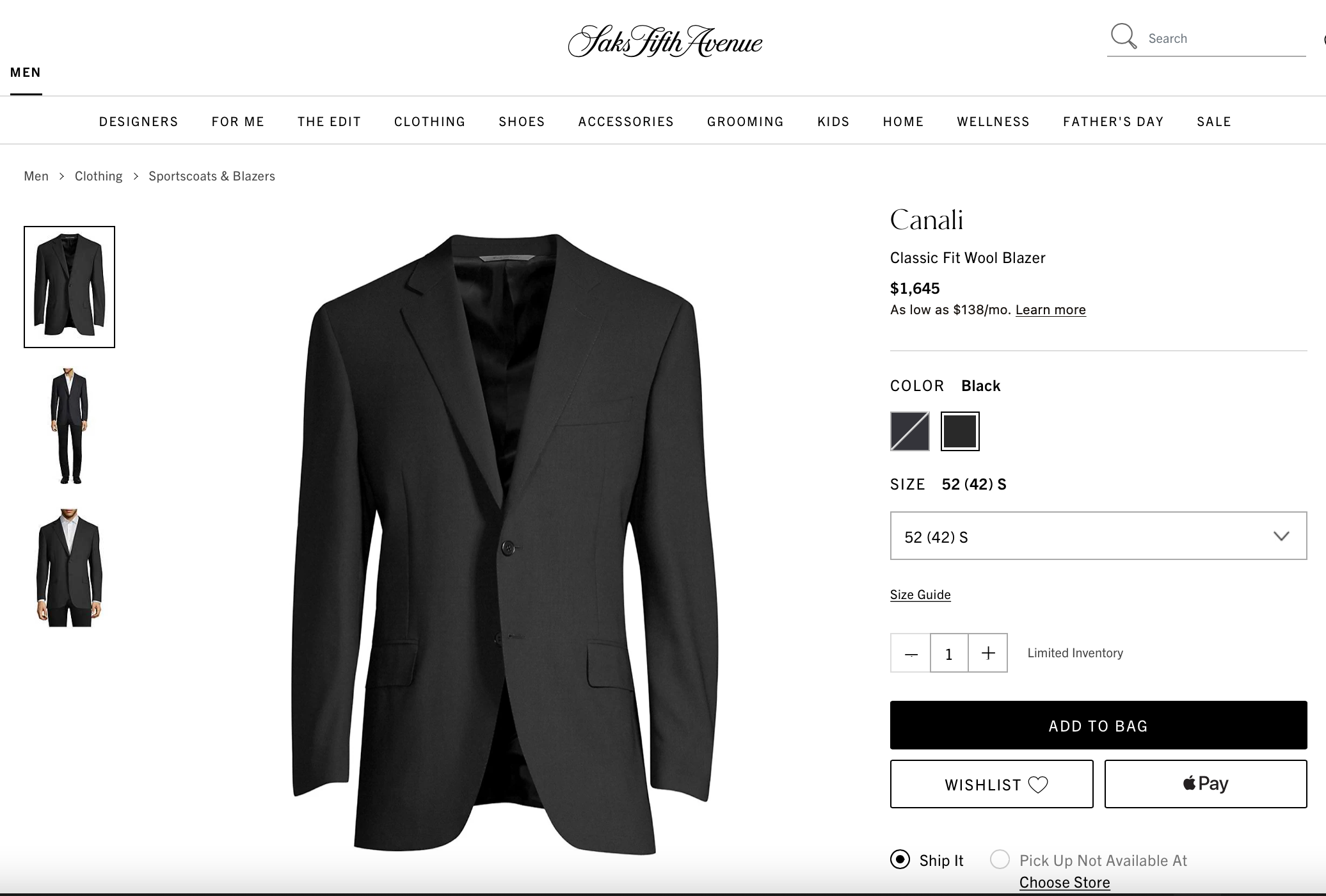 $1,645 CANALI -  Black Solid Notch Lapel 2-Btn Blazer - 46R