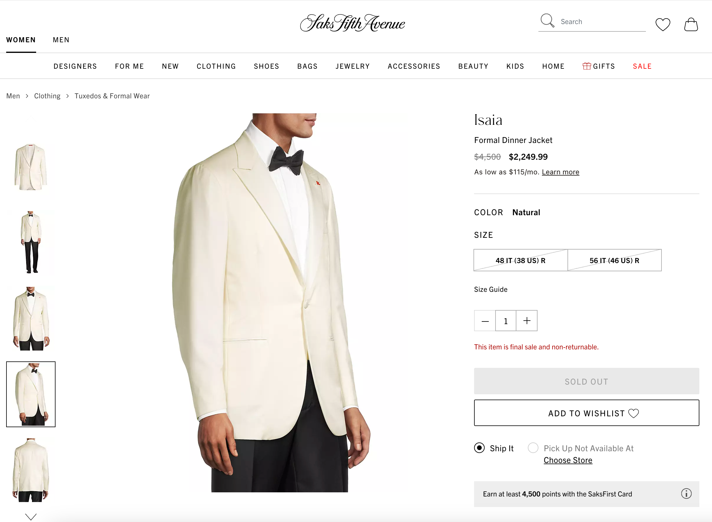 $4,500 ISAIA - Satin PEAK LAPEL Ivory Wool Tuxedo Dinner Jacket Blazer - 36R