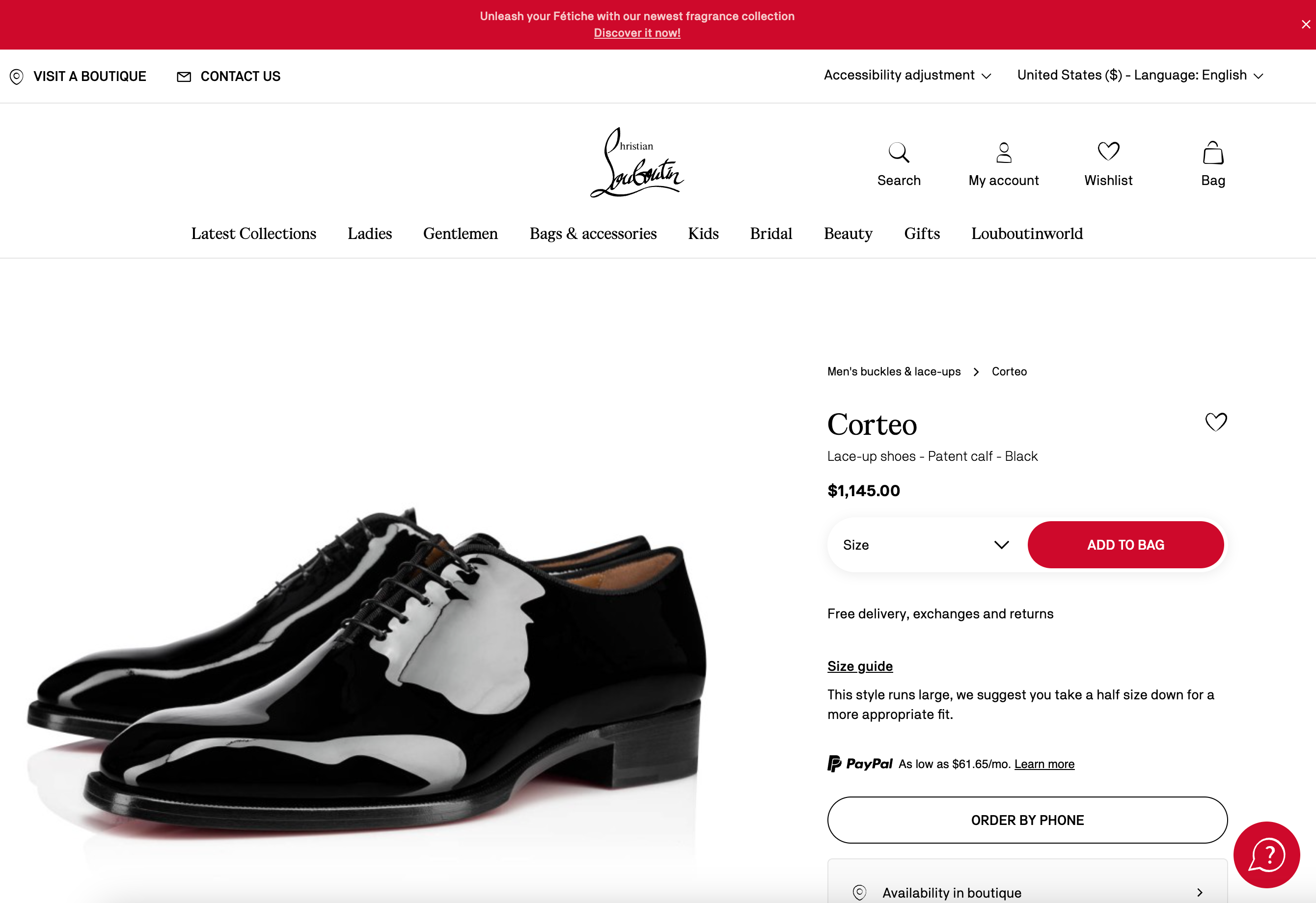 $1,145 CHRISTIAN LOUBOUTIN - *CORTEO* Black Patent Leather Oxfords - 11.5 US (44.5EU)