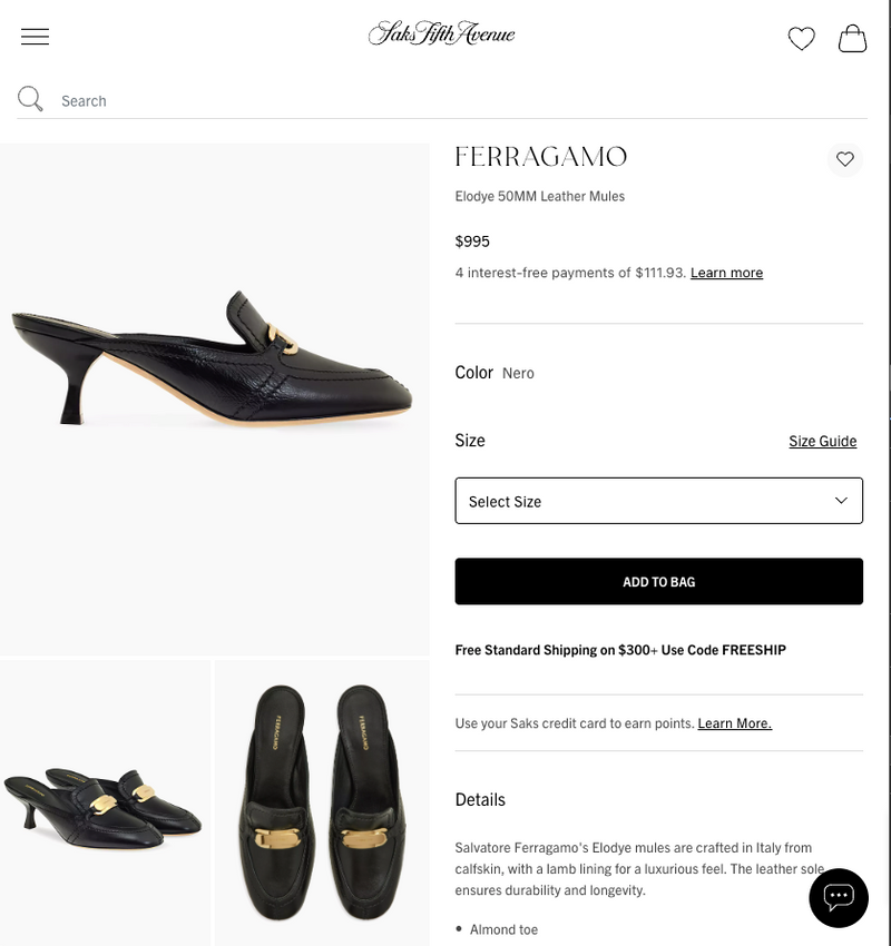 $995 SALVATORE FERRAGAMO - "ELODYE 50mm" Black Mule Heel - 6 US (WOMEN)