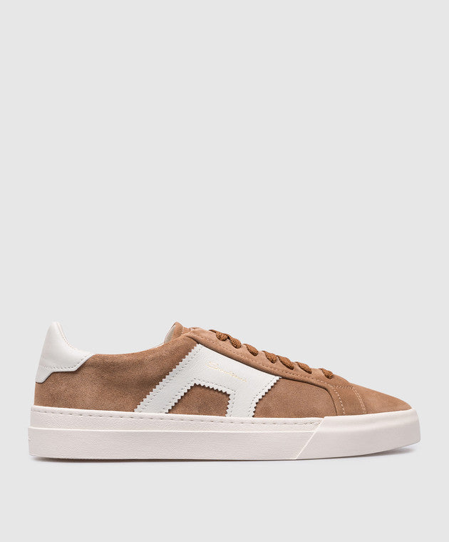 $795 SANTONI - Neutral Suede Double Buckle Full Leather Sneakers - 11 US (10 IT)