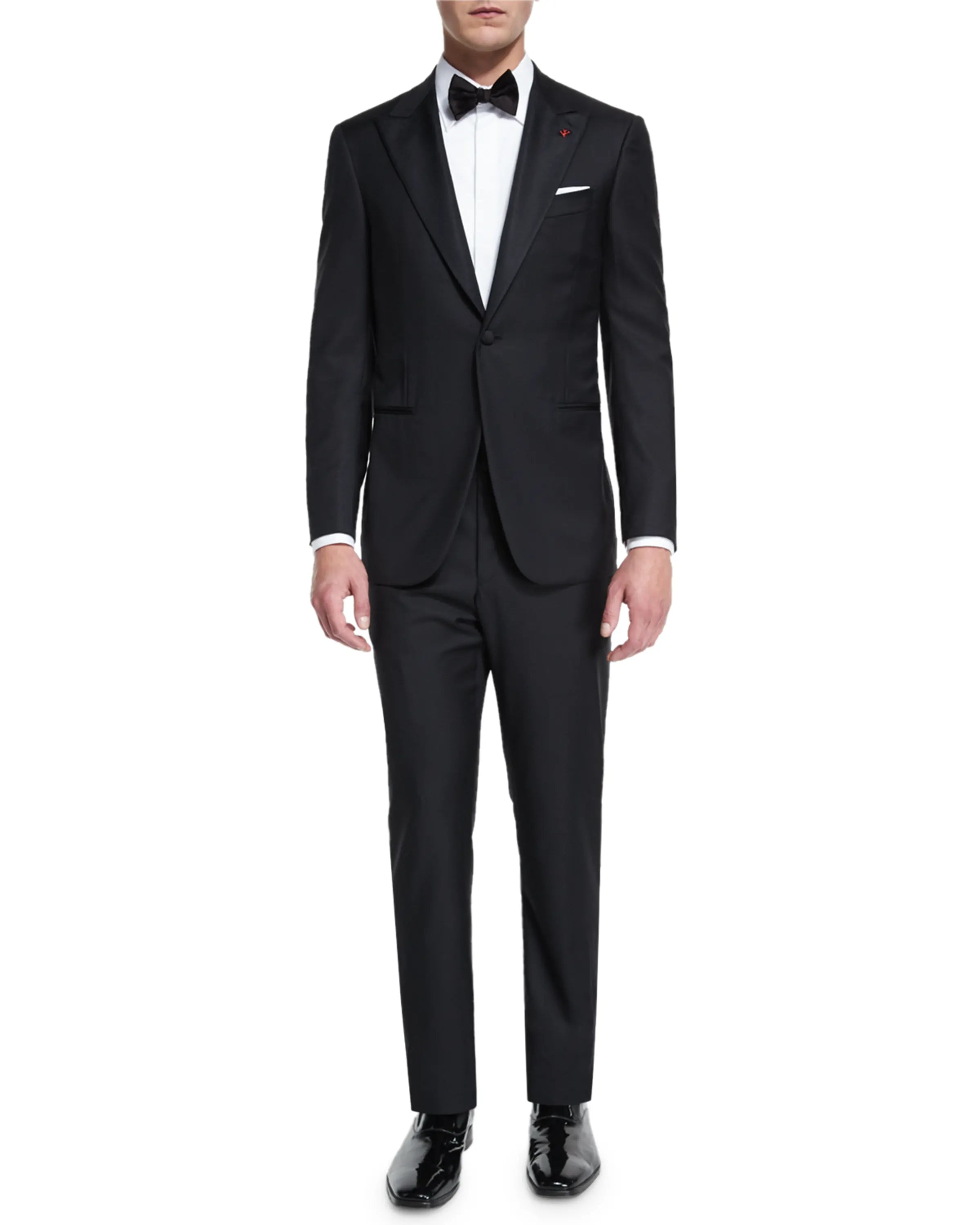 $4,595 ISAIA - "AQUASPIDER" Satin PEAK LAPEL Black Wool Tuxedo - 42S