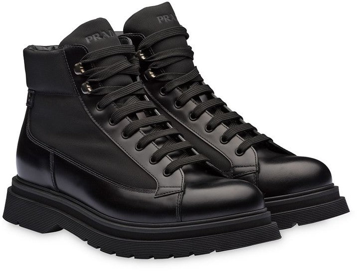 $1,520 PRADA - Mens Combat Boots Black Leather Hook Eye Hiking Derby- 10 US (9)