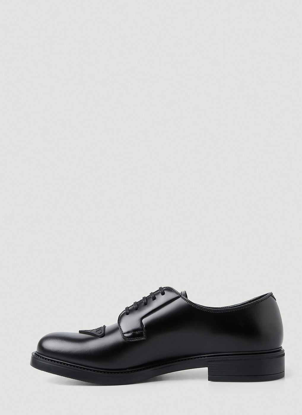 $1,150 PRADA - Black Brushed Triangle Plaque Leather Derby Lace-Ups - 12 US (11 Prada)