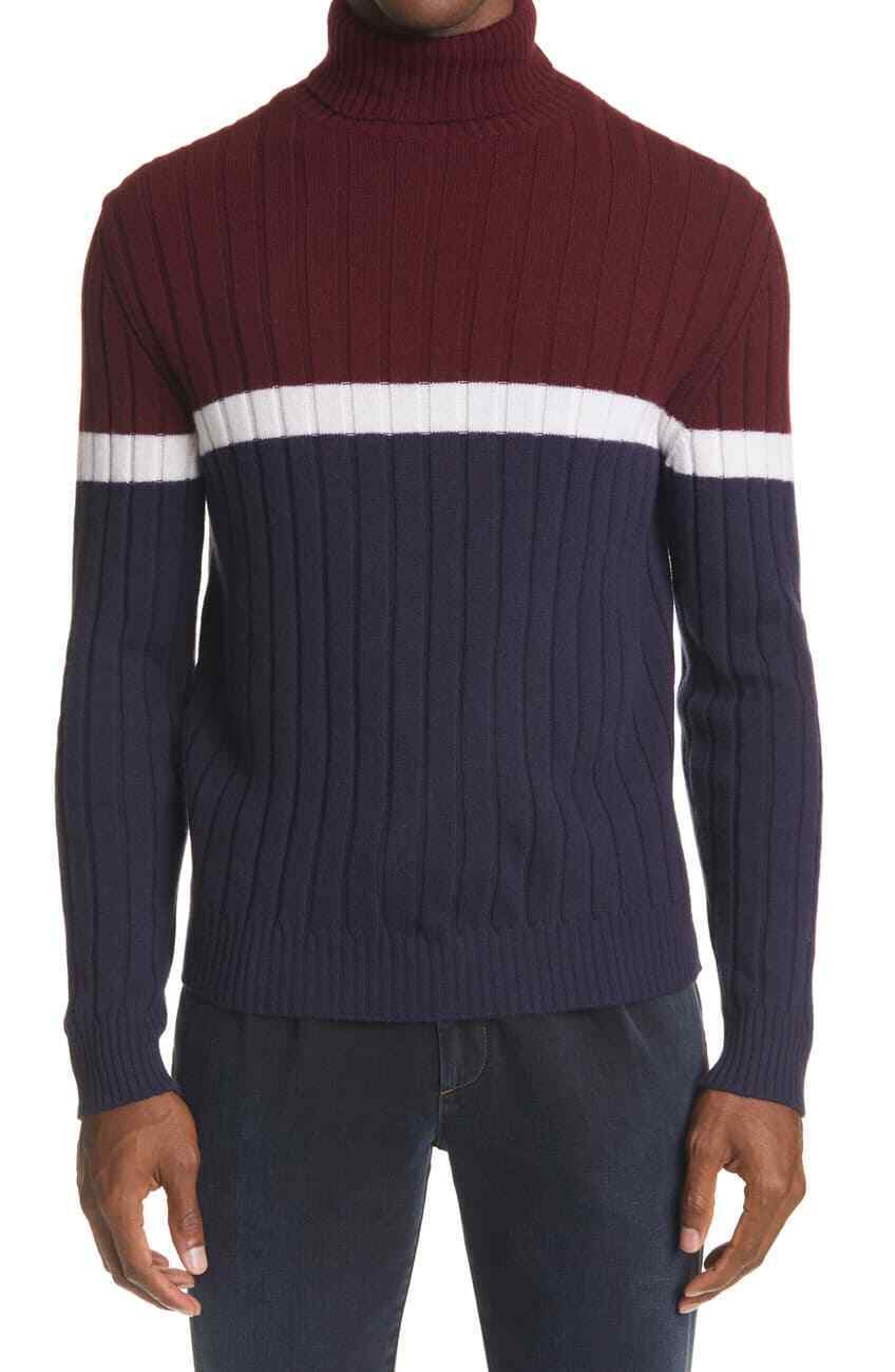 $495 ELEVENTY - *Pure Wool* Burgundy/Navy/White Turtleneck Ribbed Sweater - M