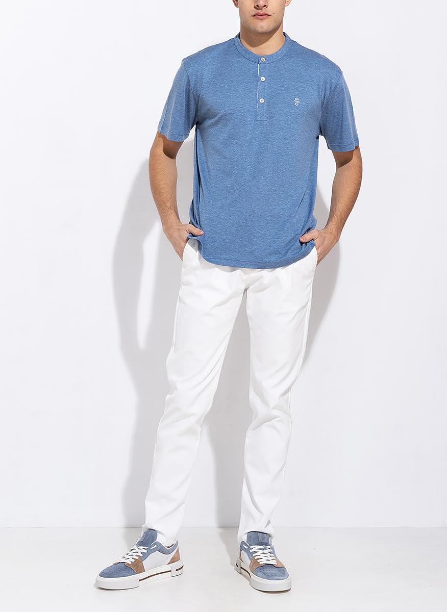 $395 ELEVENTY - Logo COTTON/LINEN Henley T-Shirt Blue/White - XXL