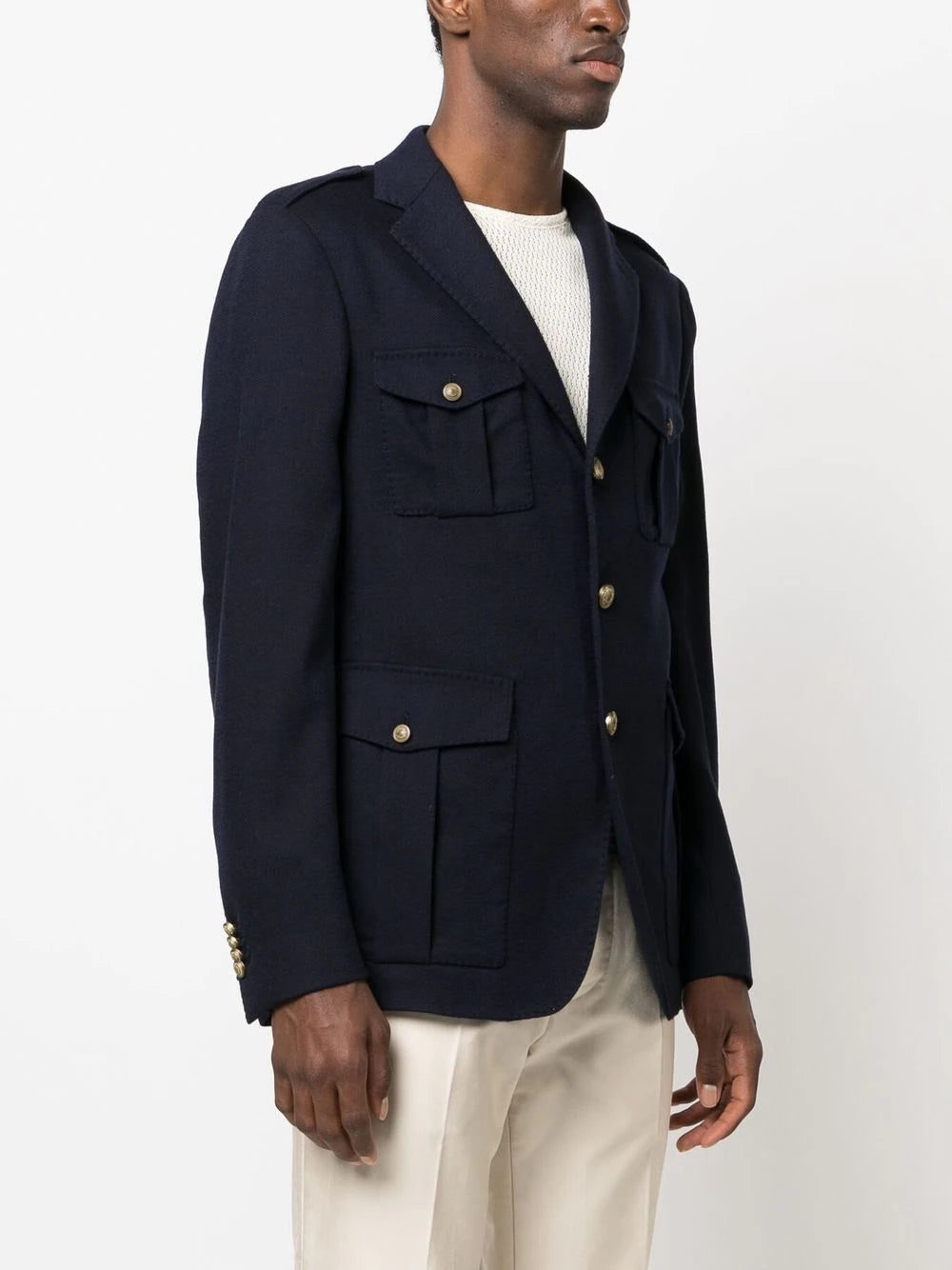 $2,045 ELEVENTY -PLATINUM Blue Wool Gold Button Safari Jacket Blazer- 40 (50EU)