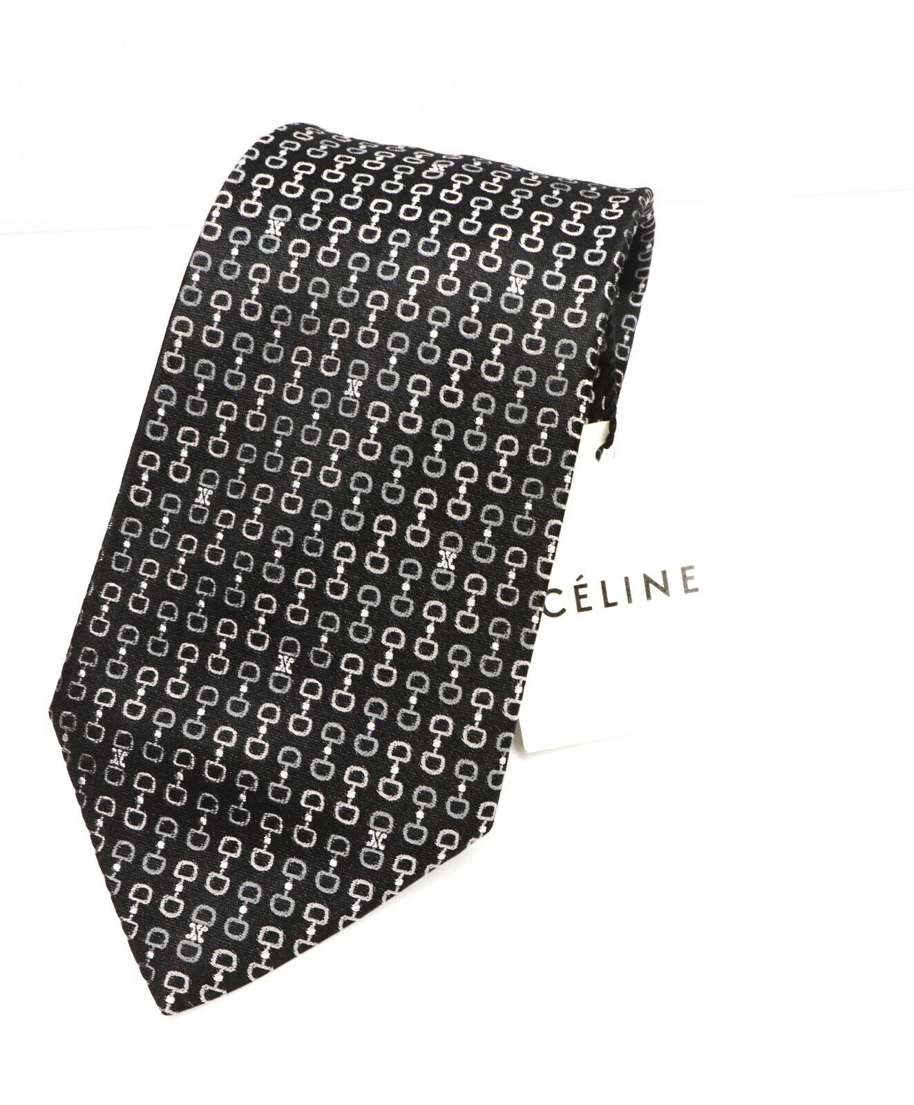 $195 CELINE - Modern Silk Horse-Bit & LOGO Black/White Tie Necktie -