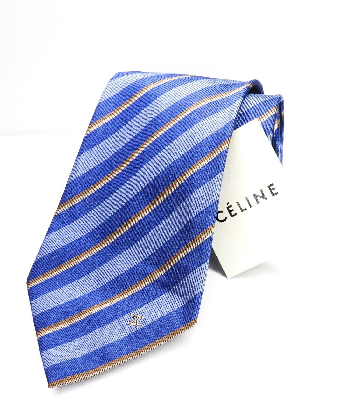 $195 CELINE - Modern Silk LOGO Tipped Blue & Camel Tie Necktie -