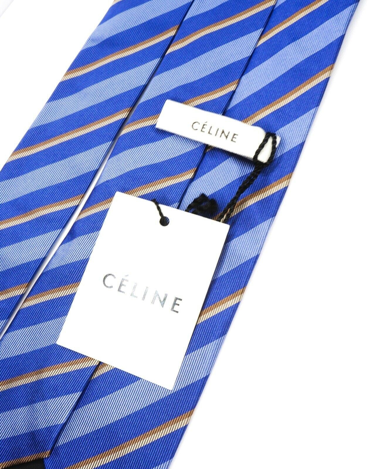 $195 CELINE - Modern Silk LOGO Tipped Blue & Camel Tie Necktie -