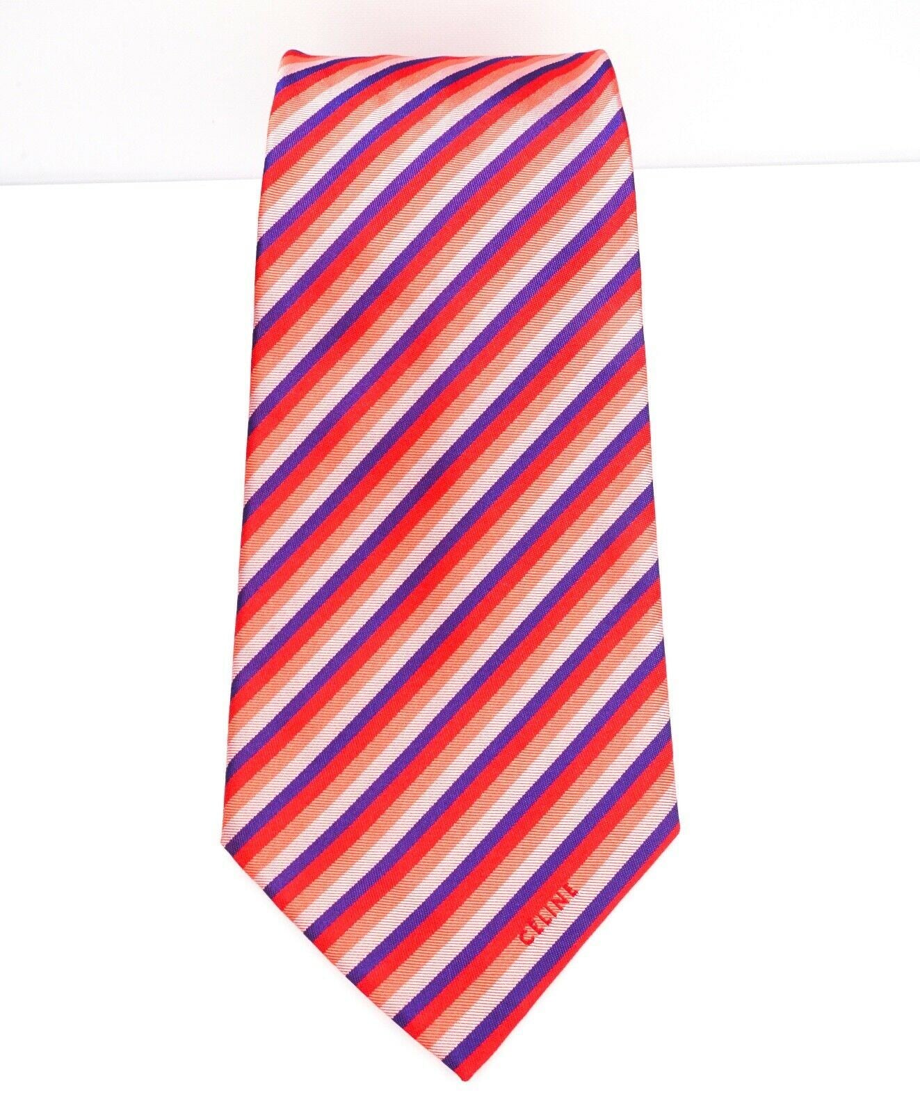 $195 CELINE - Modern Silk LOGO Tipped Red/Pink/Navy Tie Necktie -