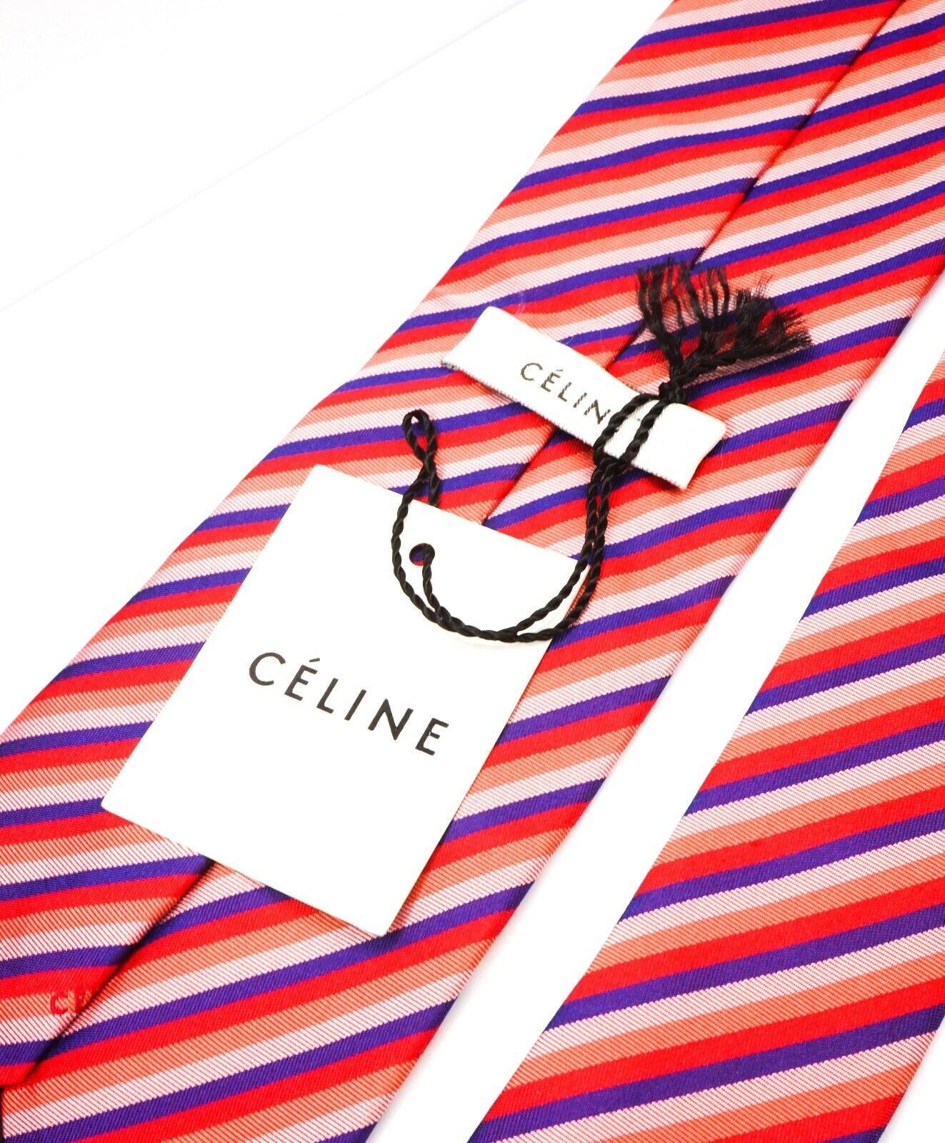 $195 CELINE - Modern Silk LOGO Tipped Red/Pink/Navy Tie Necktie -