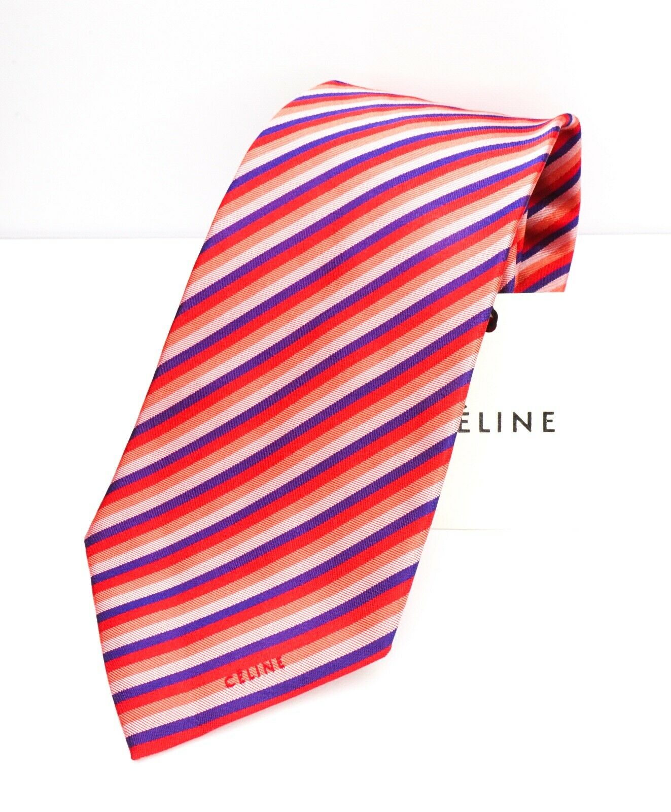 $195 CELINE - Modern Silk LOGO Tipped Red/Pink/Navy Tie Necktie -