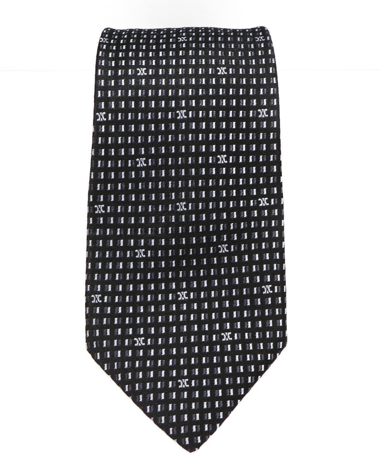 $195 CELINE - Modern Silk LOGO Black & White Geometric Tie Necktie -