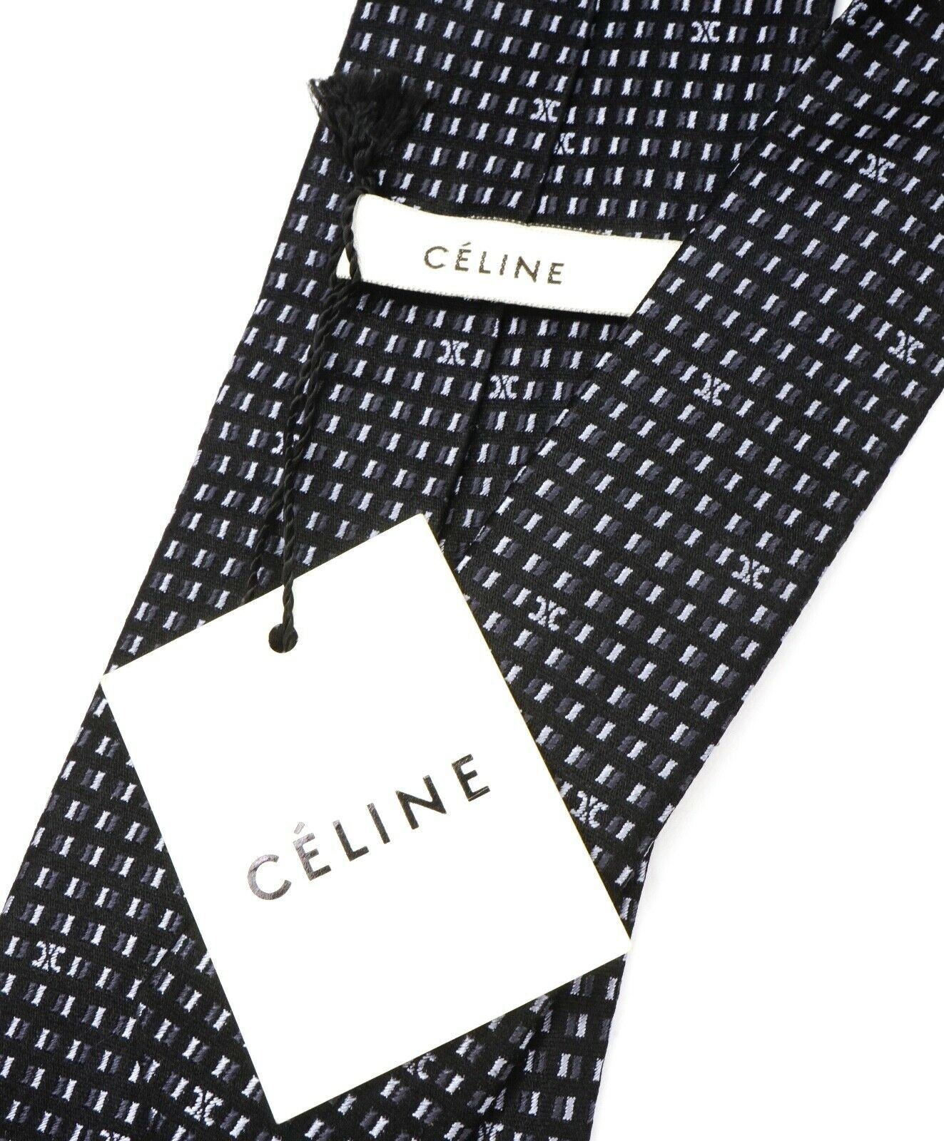 $195 CELINE - Modern Silk LOGO Black & White Geometric Tie Necktie -