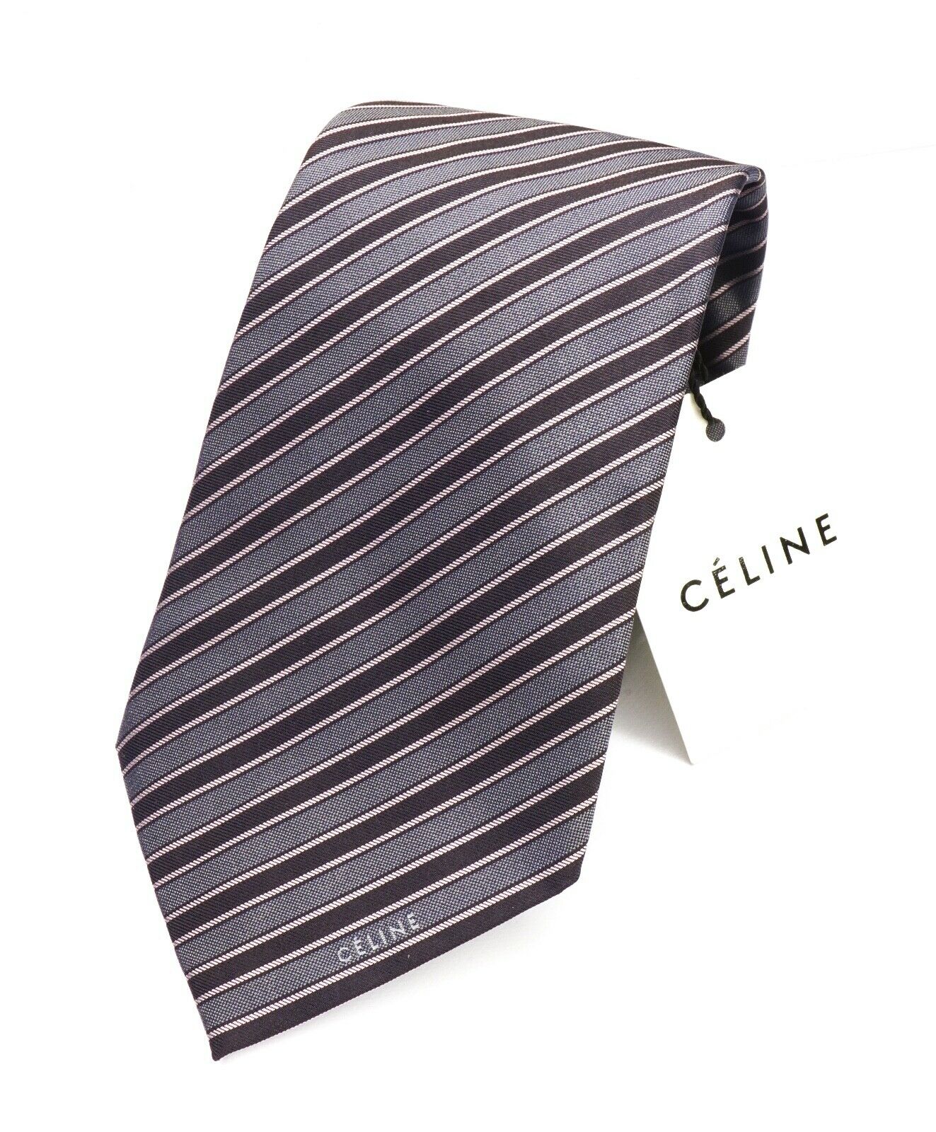 $195 CELINE - Modern Silk LOGO Tipped Pastel Pink & Gray Tie Necktie -