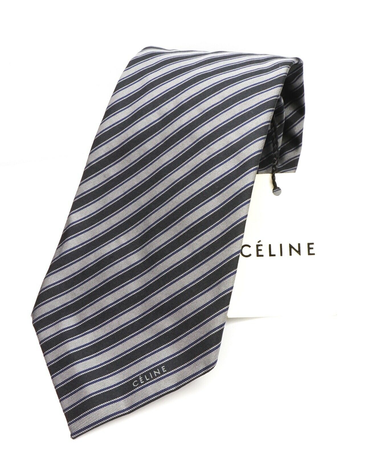 $195 CELINE - Modern Silk LOGO Tipped Pastel Black & Gray Tie Necktie -