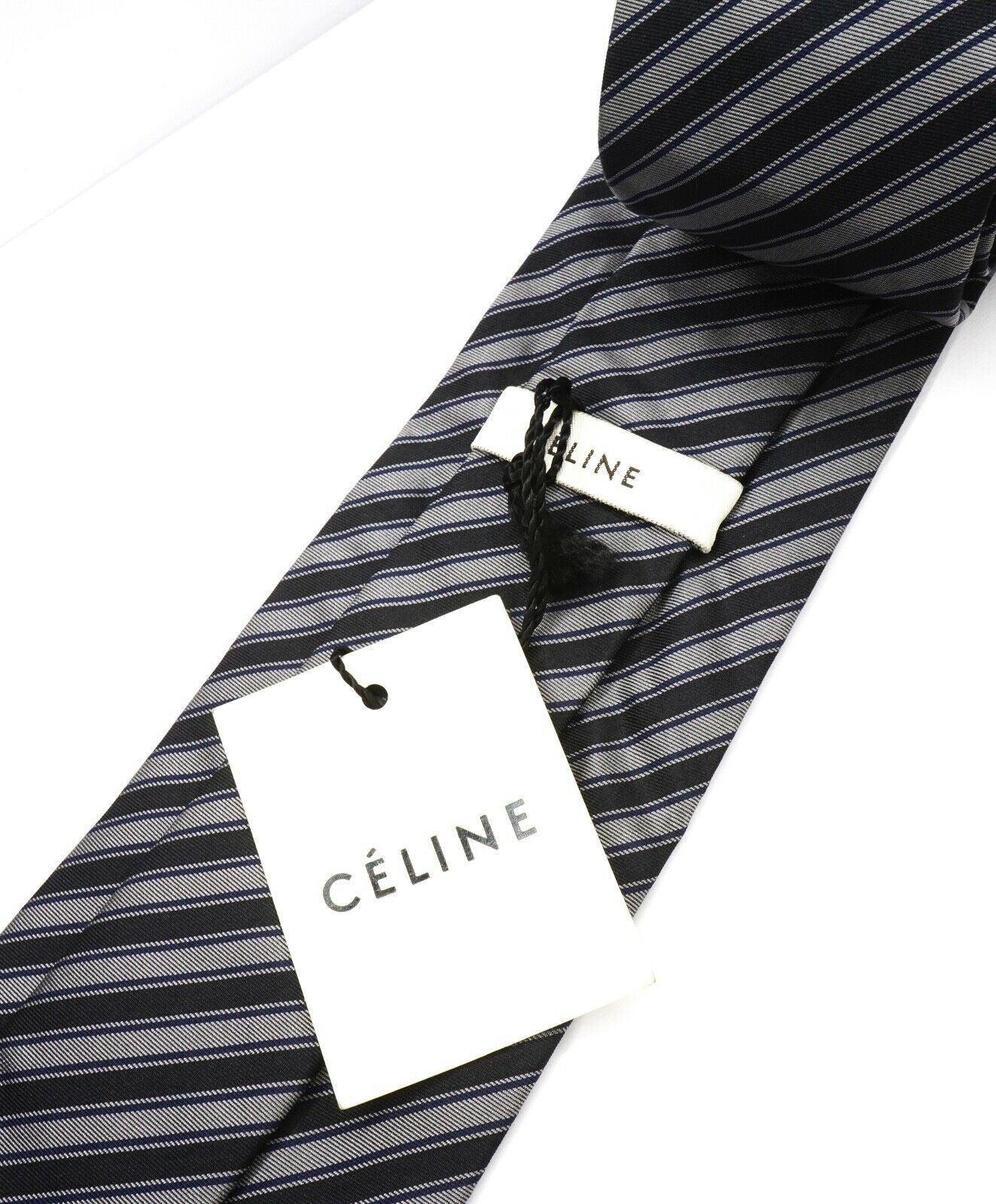 $195 CELINE - Modern Silk LOGO Tipped Pastel Black & Gray Tie Necktie -