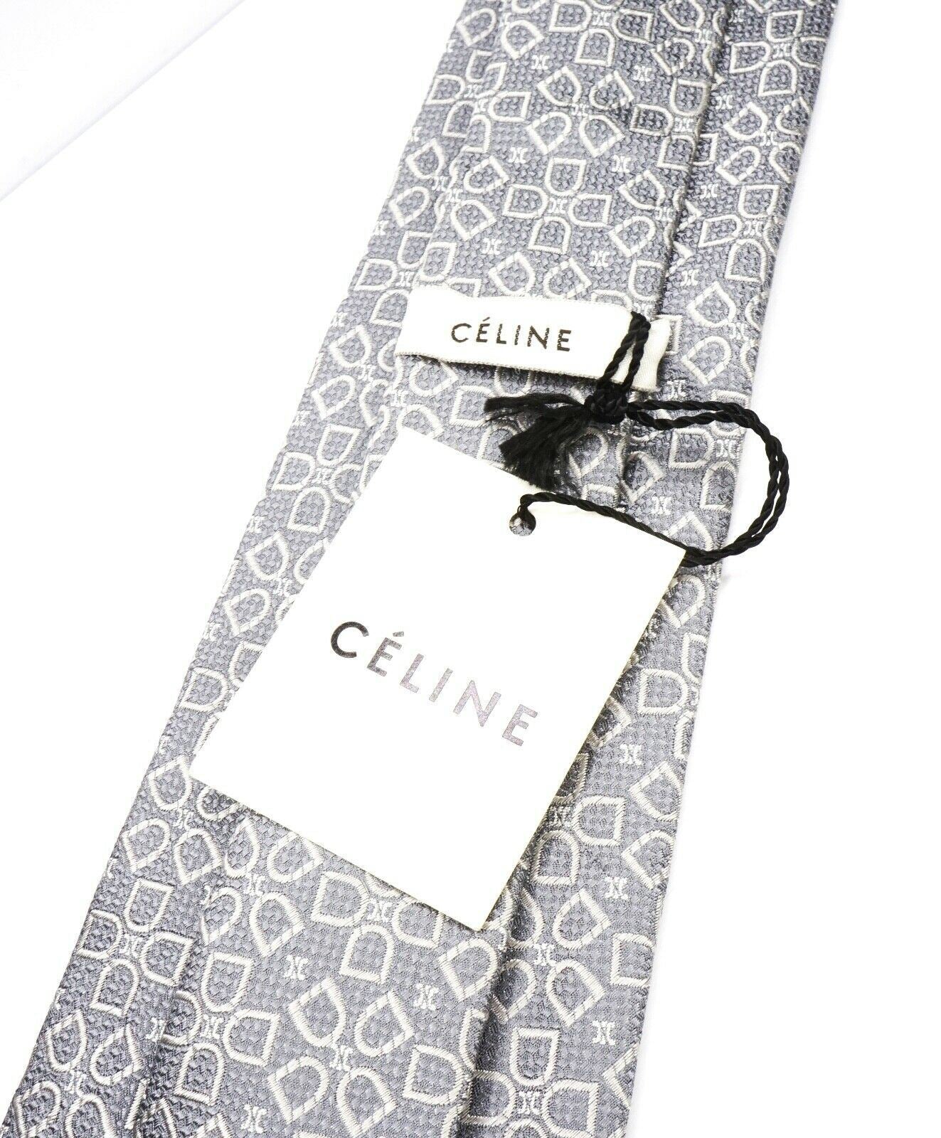 $195 CELINE - Modern Silk Horse-Bit Gray Tonal Necktie -