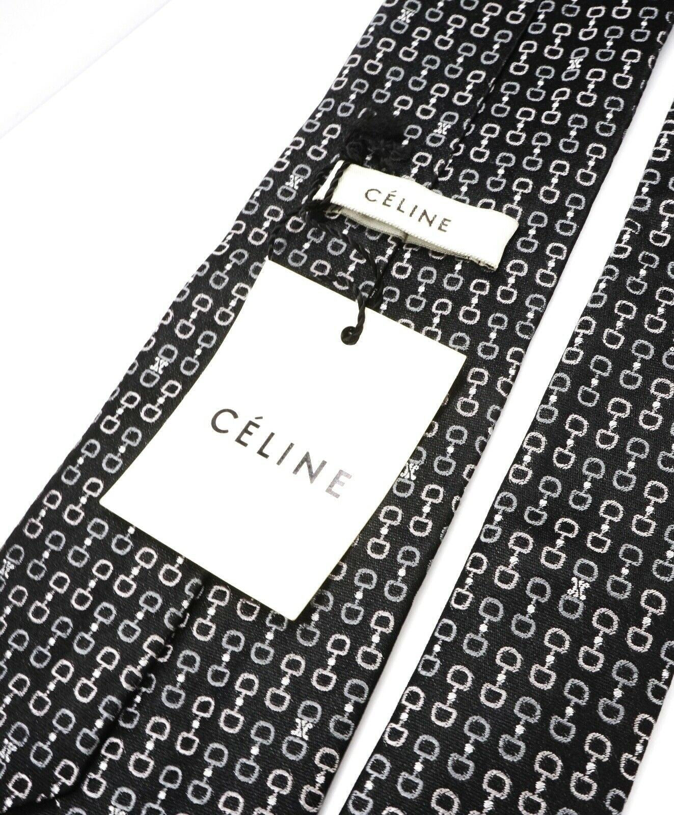 $195 CELINE - Modern Silk Horse-Bit & LOGO Black/White Tie Necktie -