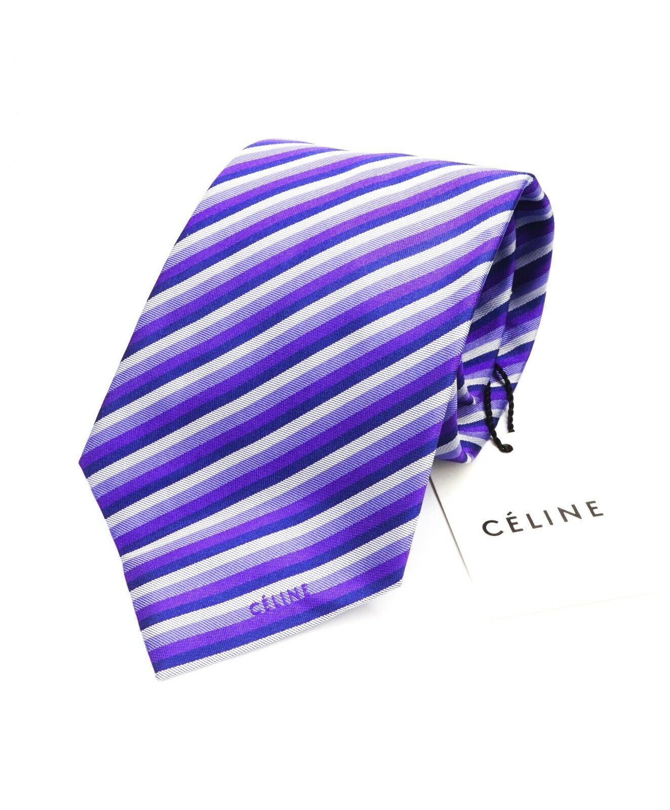 $195 CELINE - Modern Silk LOGO Tipped Light Blue/Purple/Navy Tie Necktie -