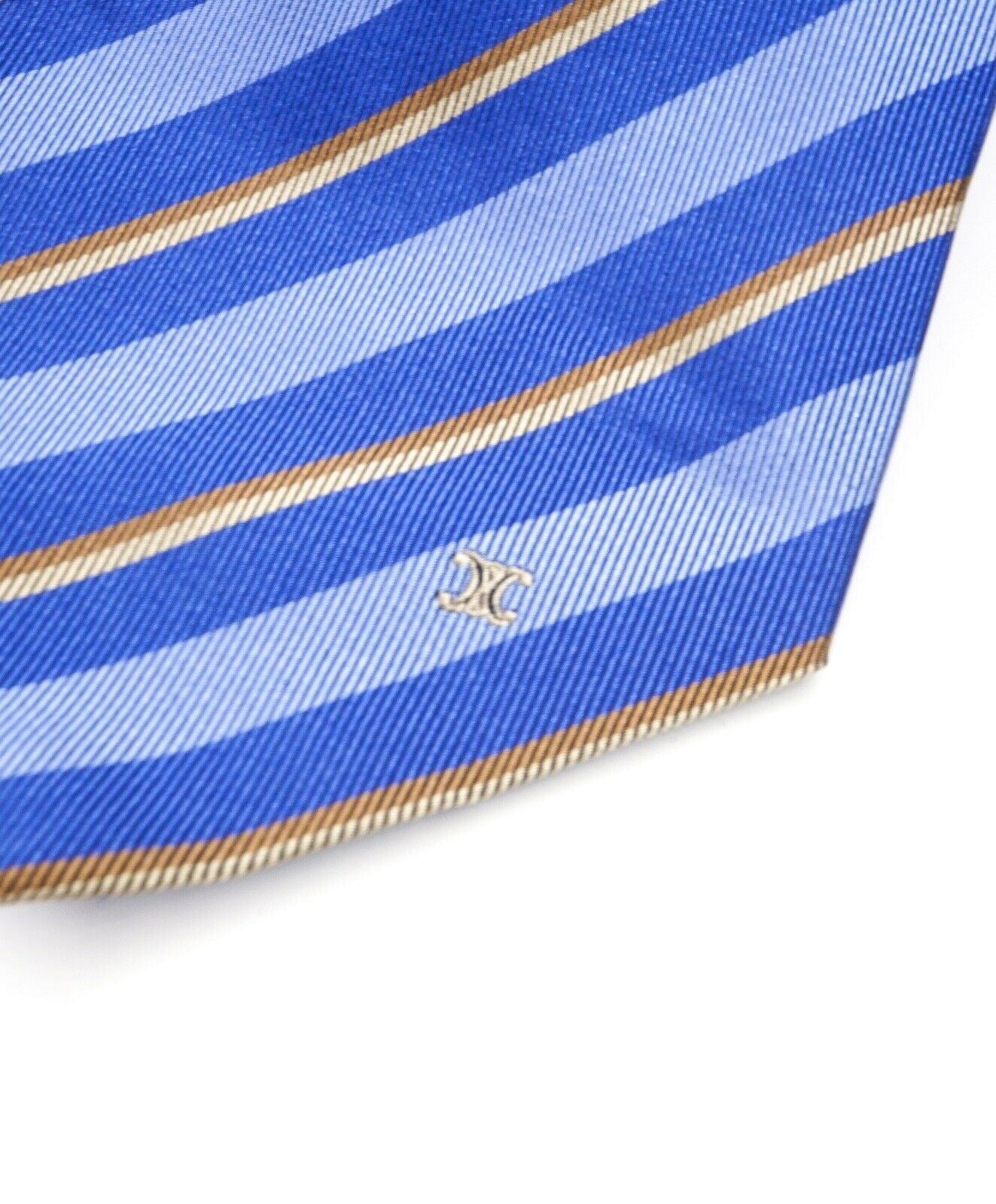 $195 CELINE - Modern Silk LOGO Tipped Blue & Camel Tie Necktie -