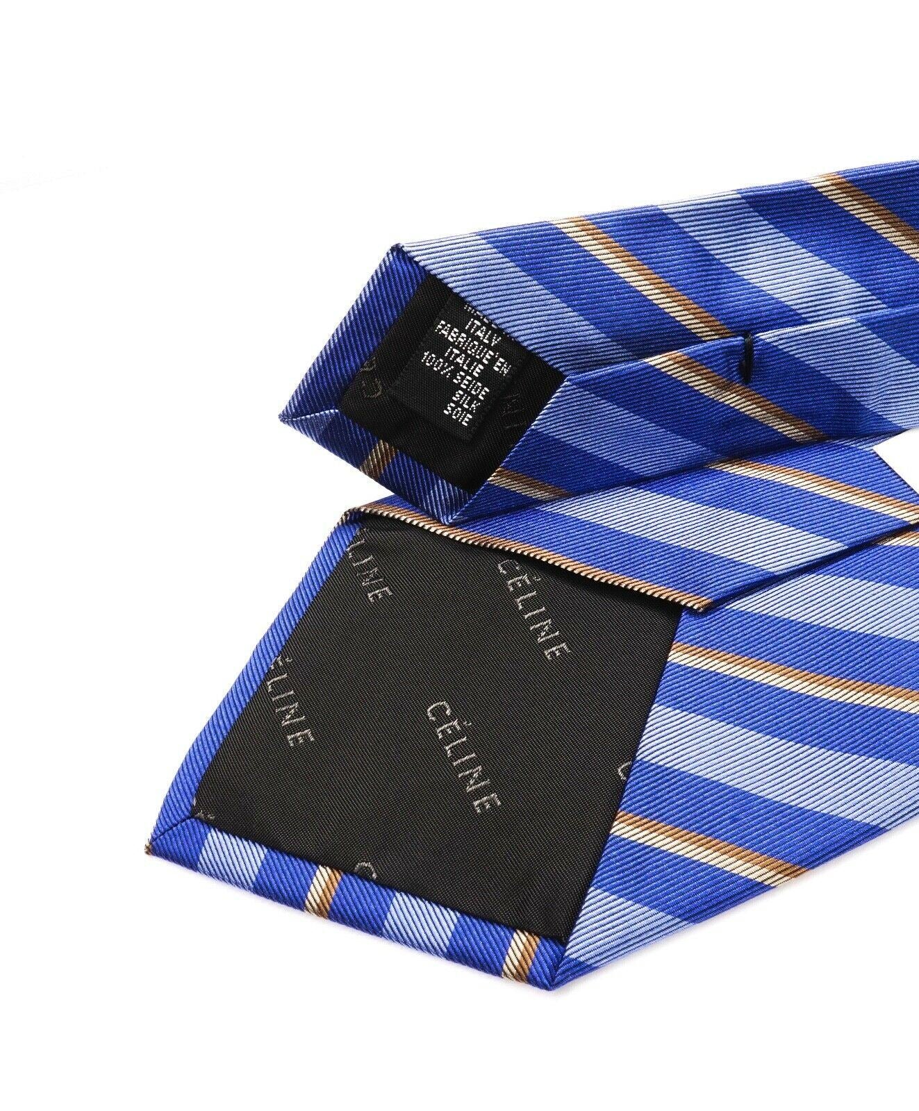 $195 CELINE - Modern Silk LOGO Tipped Blue & Camel Tie Necktie -