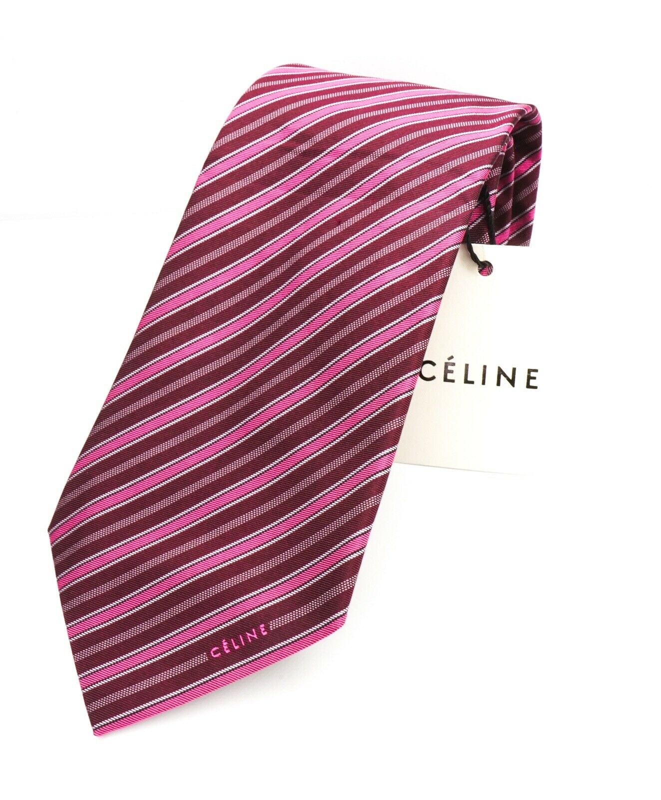 $195 CELINE - Modern Silk LOGO Tipped Red & Burgundy Tie Necktie -