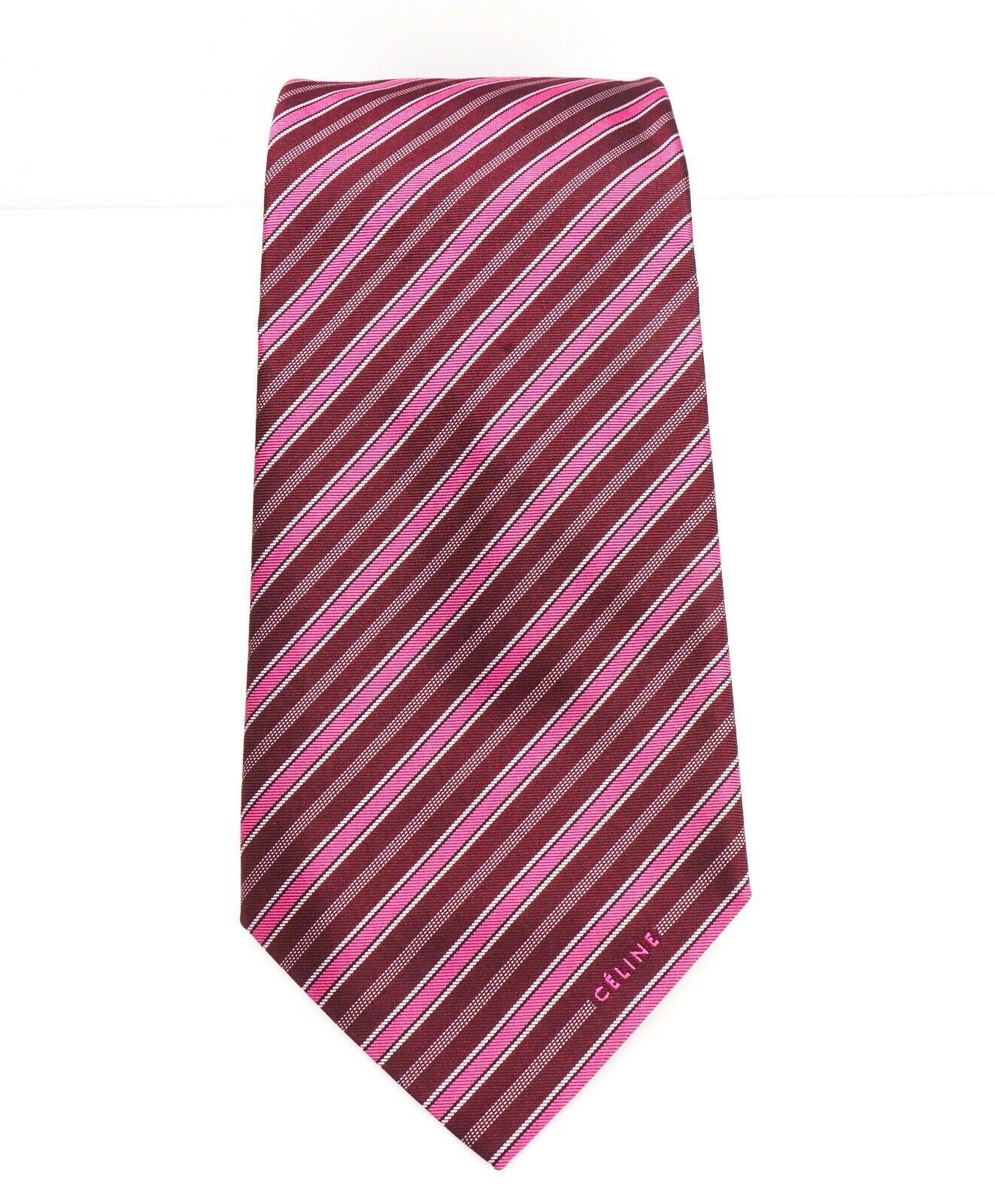 $195 CELINE - Modern Silk LOGO Tipped Red & Burgundy Tie Necktie -