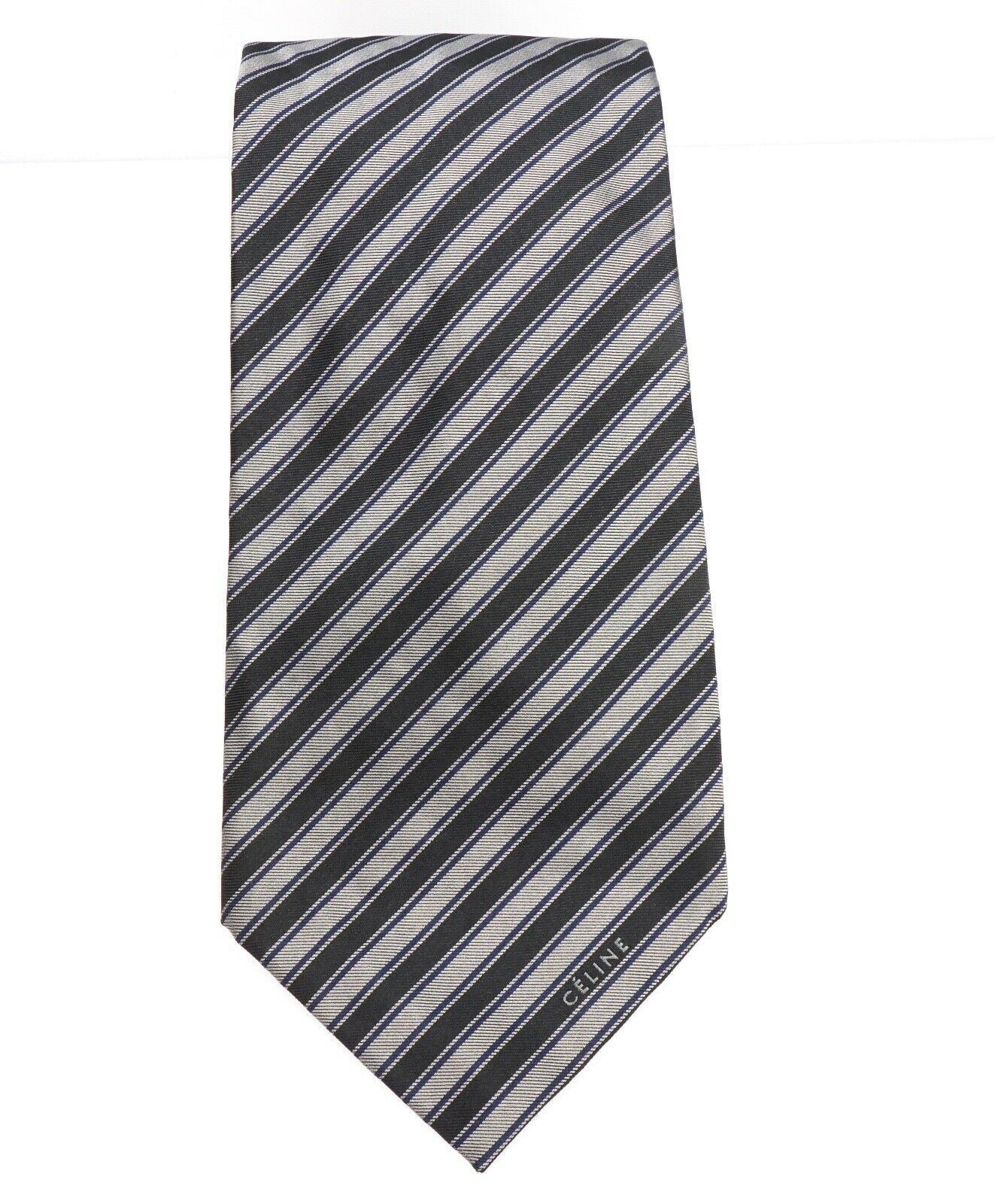 $195 CELINE - Modern Silk LOGO Tipped Pastel Black & Gray Tie Necktie -