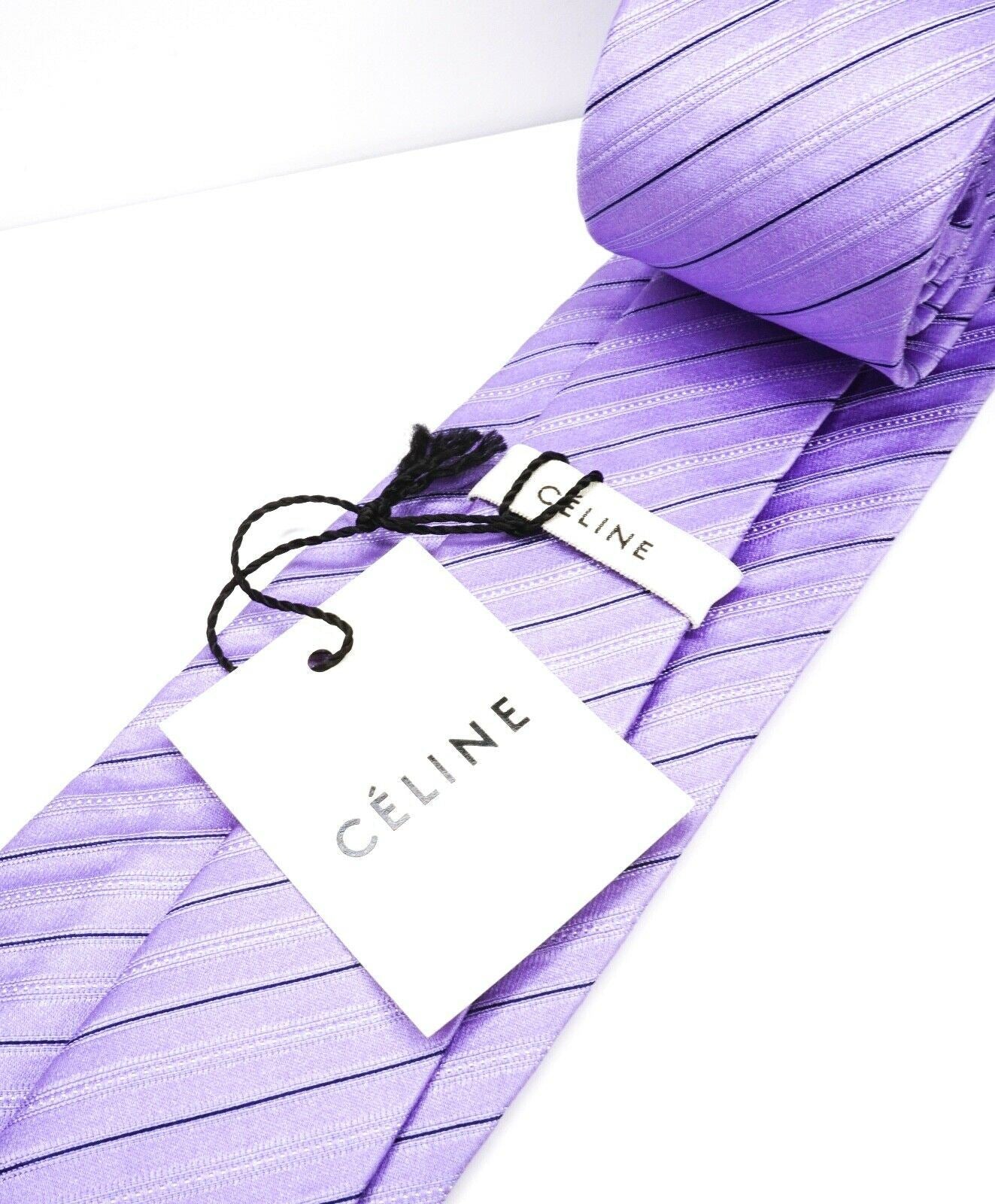 $195 CELINE - Modern Silk LOGO Tonal Micro Stripe Purple Tie Necktie -