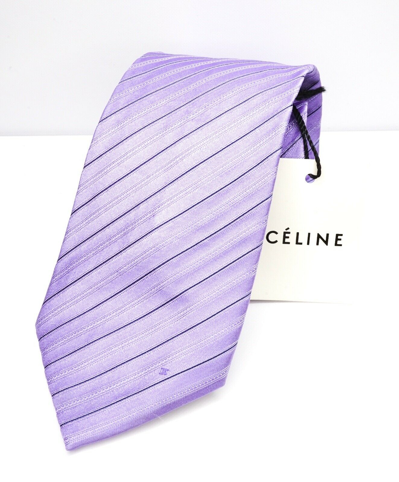 $195 CELINE - Modern Silk LOGO Tonal Micro Stripe Purple Tie Necktie -