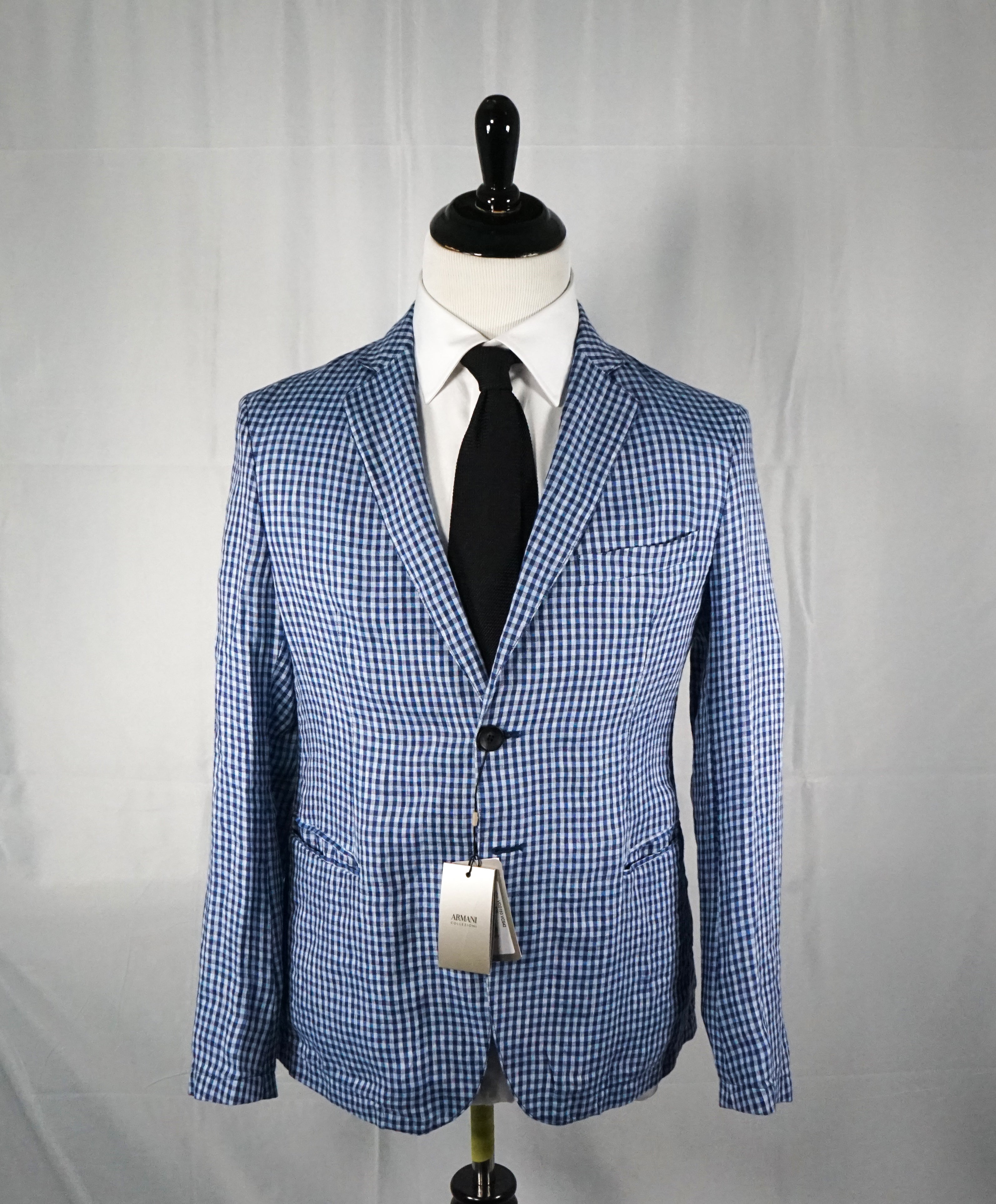 ARMANI COLLEZIONI - Blue & Navy Plaid Check Ultra Light Linen Blazer - 36R