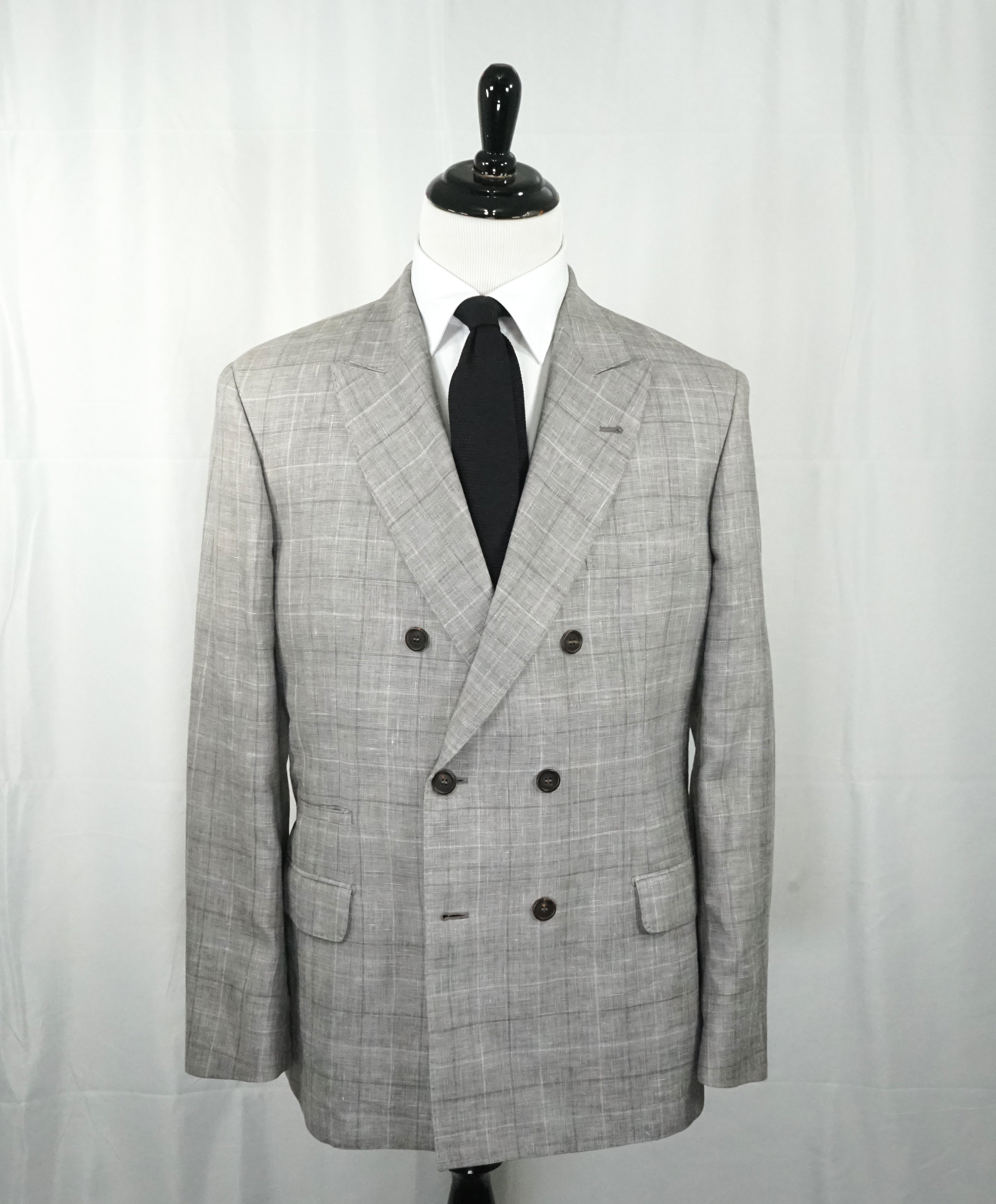 BRUNELLO CUCINELLI - Wool/Linen/Silk Plaid Double Breasted Gray Suit - 44R