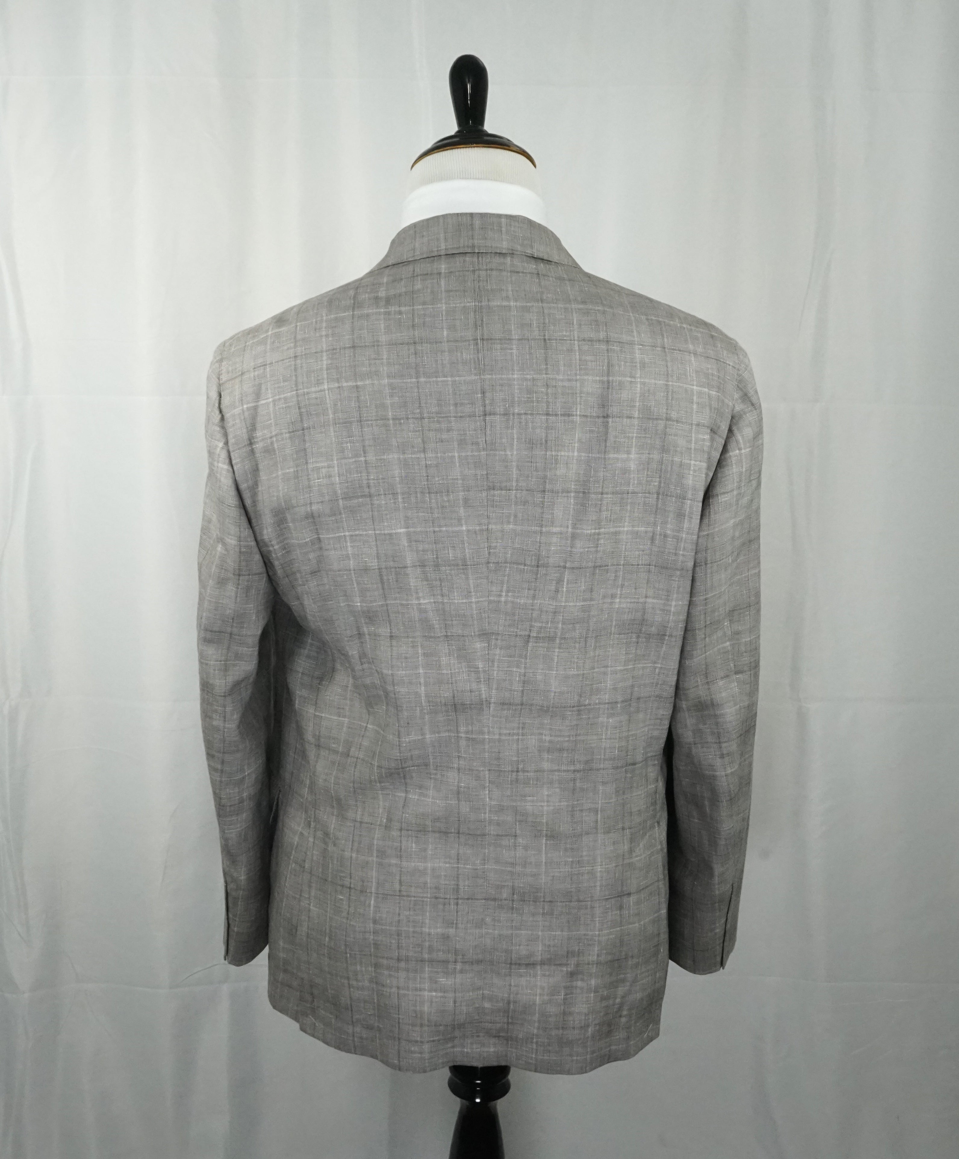 BRUNELLO CUCINELLI - Wool/Linen/Silk Plaid Double Breasted Gray Suit - 44R