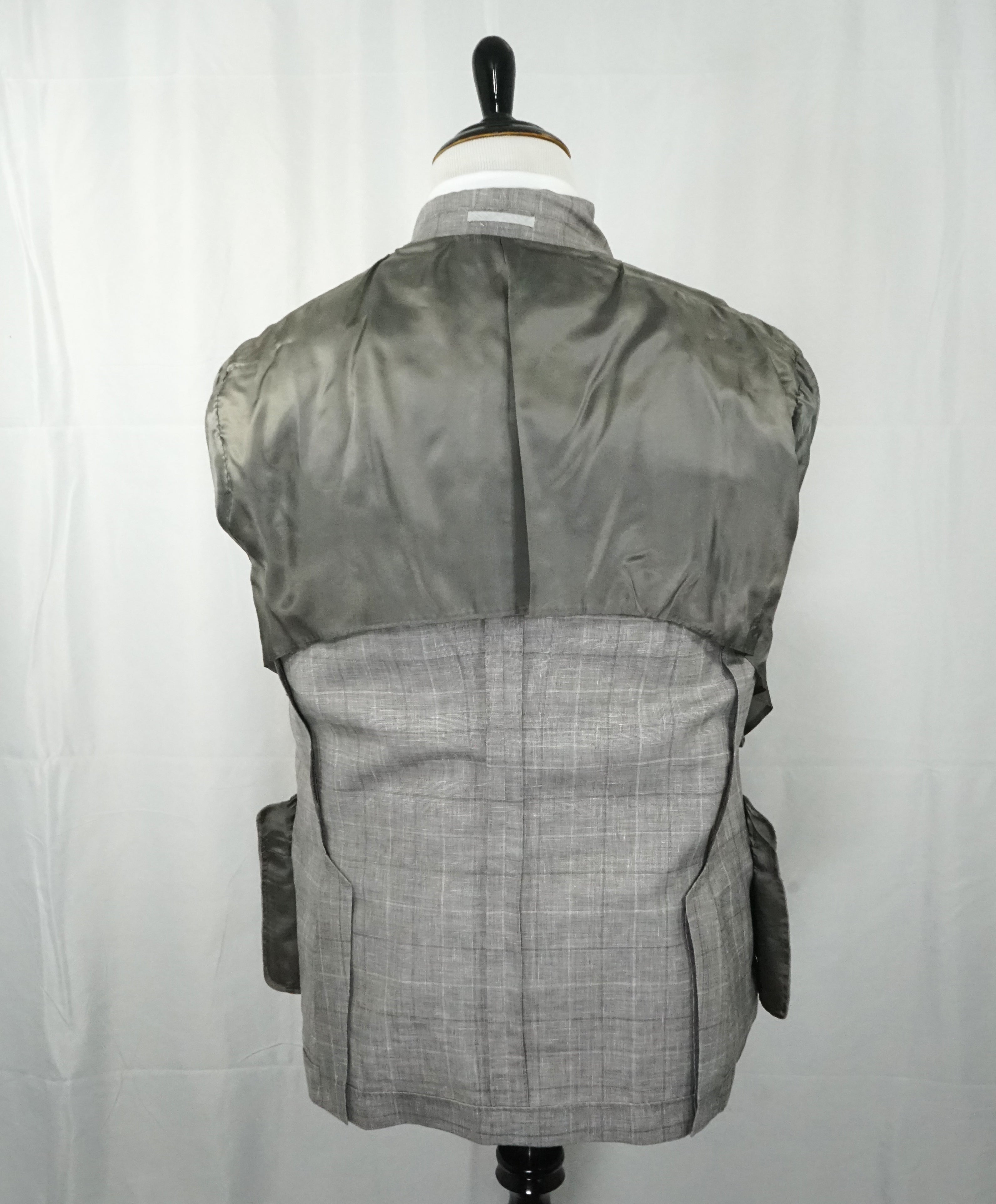 BRUNELLO CUCINELLI - Wool/Linen/Silk Plaid Double Breasted Gray Suit - 44R