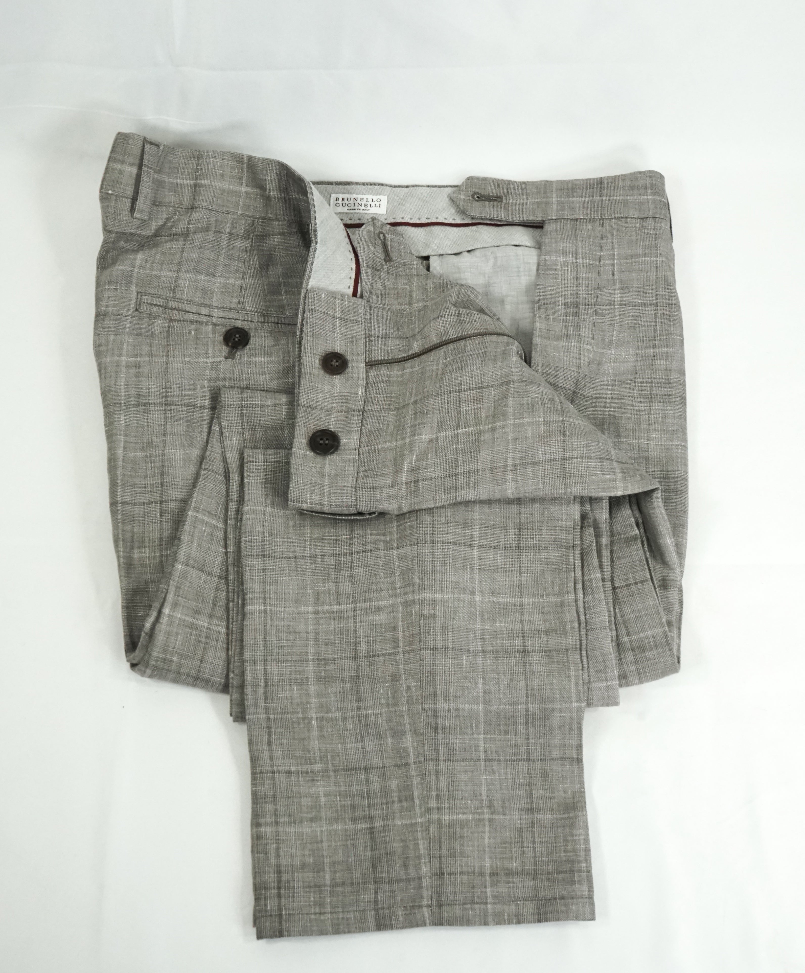 BRUNELLO CUCINELLI - Wool/Linen/Silk Plaid Double Breasted Gray Suit - 44R