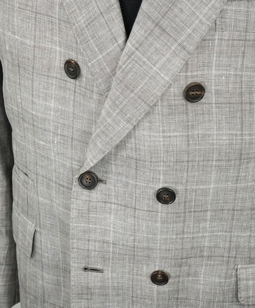 BRUNELLO CUCINELLI - Wool/Linen/Silk Plaid Double Breasted Gray Suit - 44R