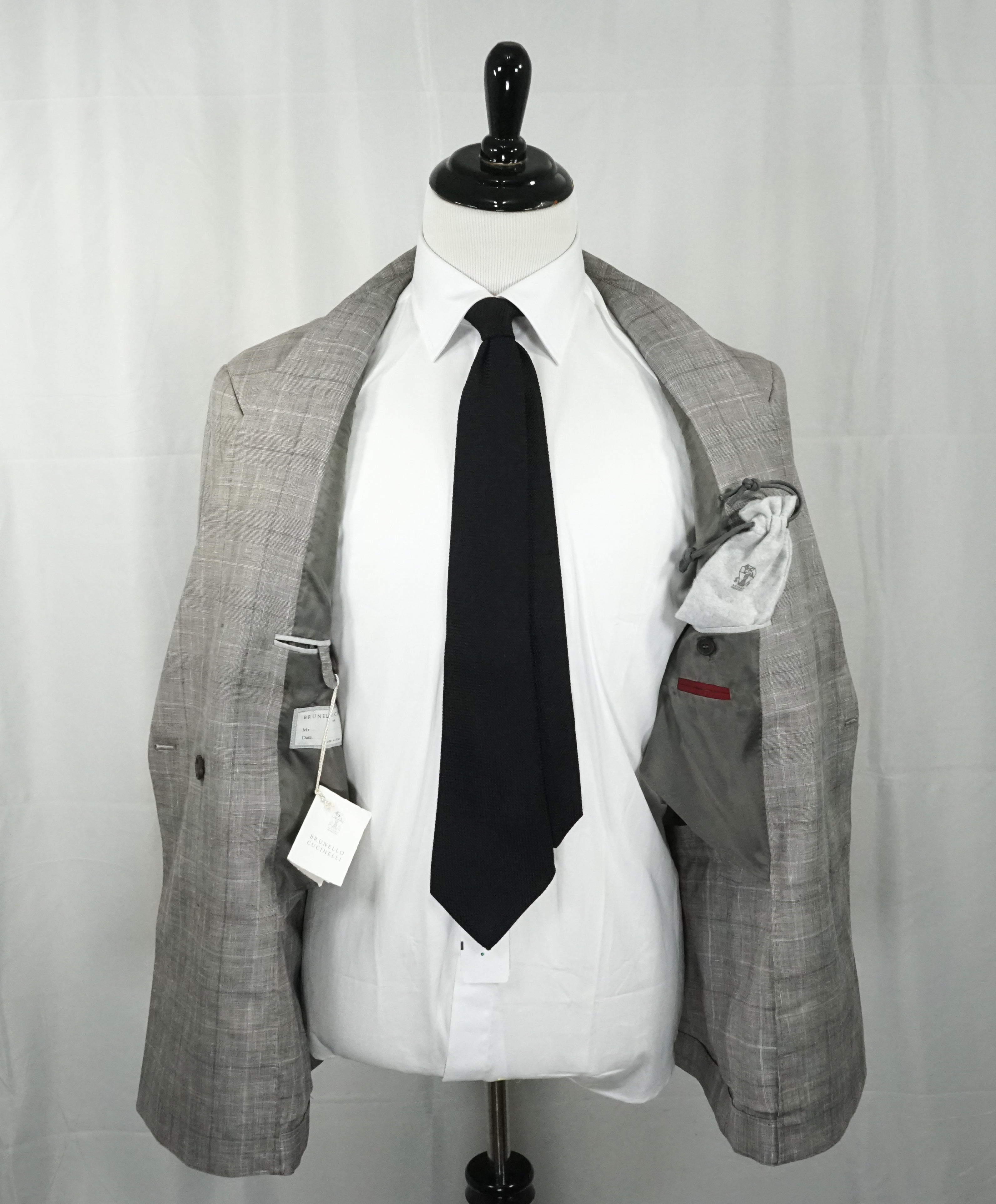 BRUNELLO CUCINELLI - Wool/Linen/Silk Plaid Double Breasted Gray Suit - 44R