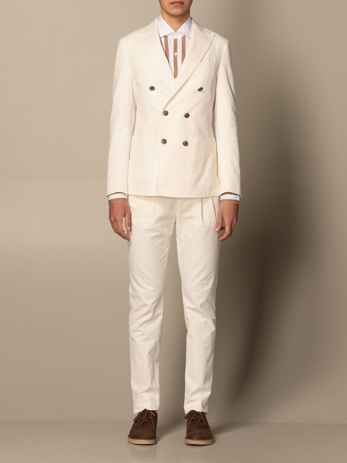 ELEVENTY - Double-Breasted Ivory COTTON / LINEN Gold Button Suit - 40R