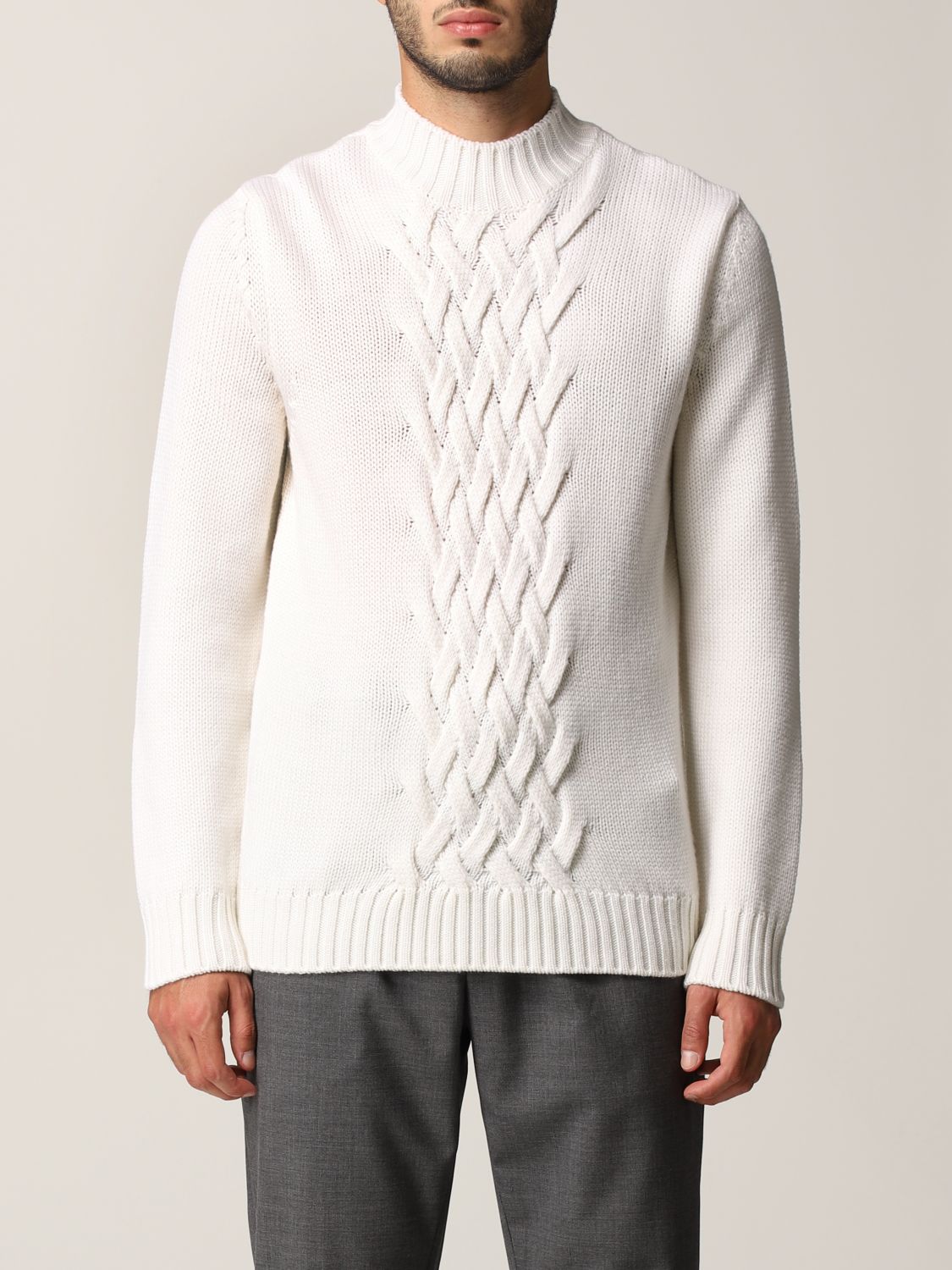 $495 ELEVENTY - Cable Knit Mock Neck Ivory Pure Wool Sweater - M