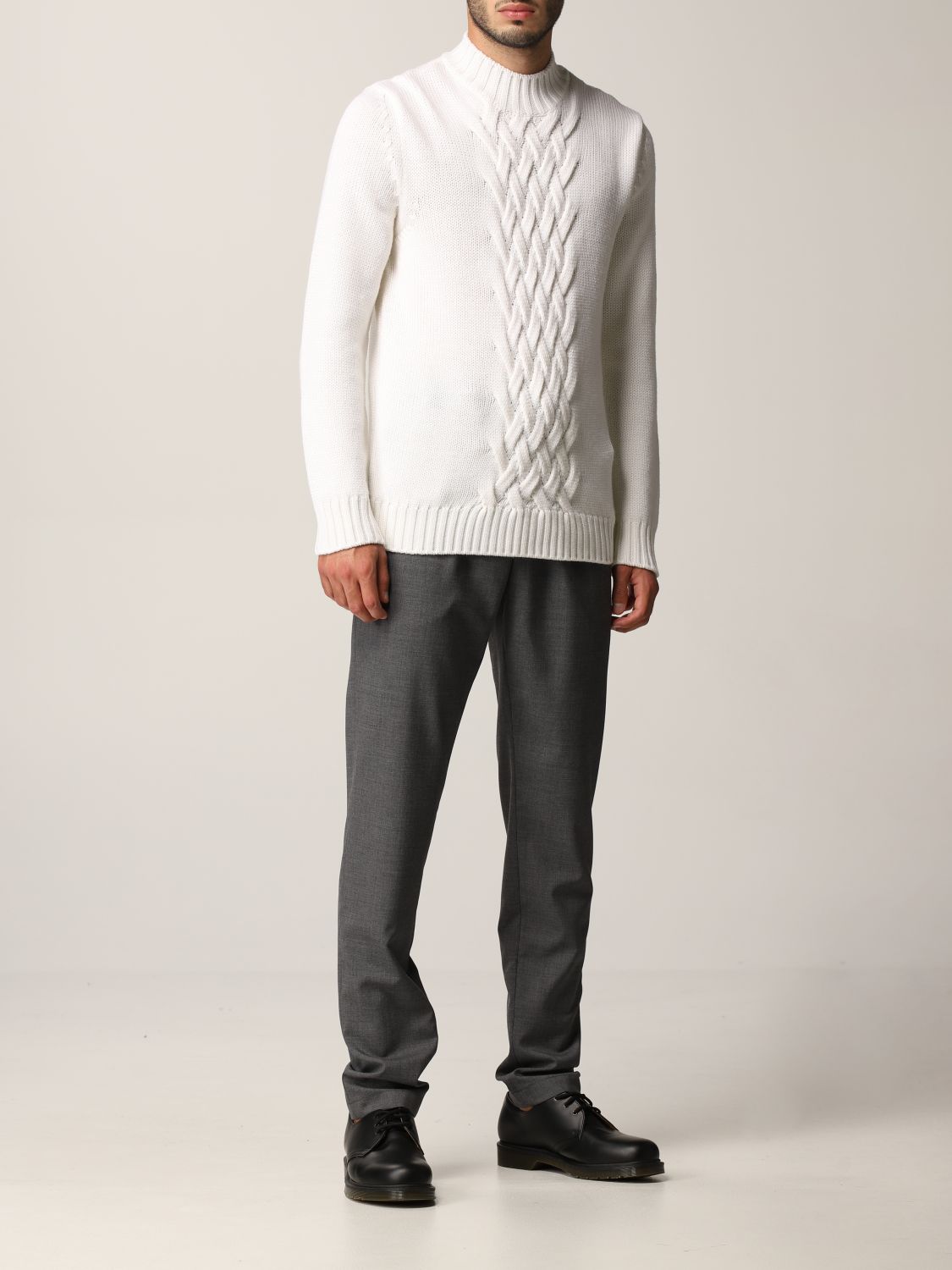 $695 ELEVENTY - Cable Knit Mock Neck Ivory Pure Wool Sweater - M