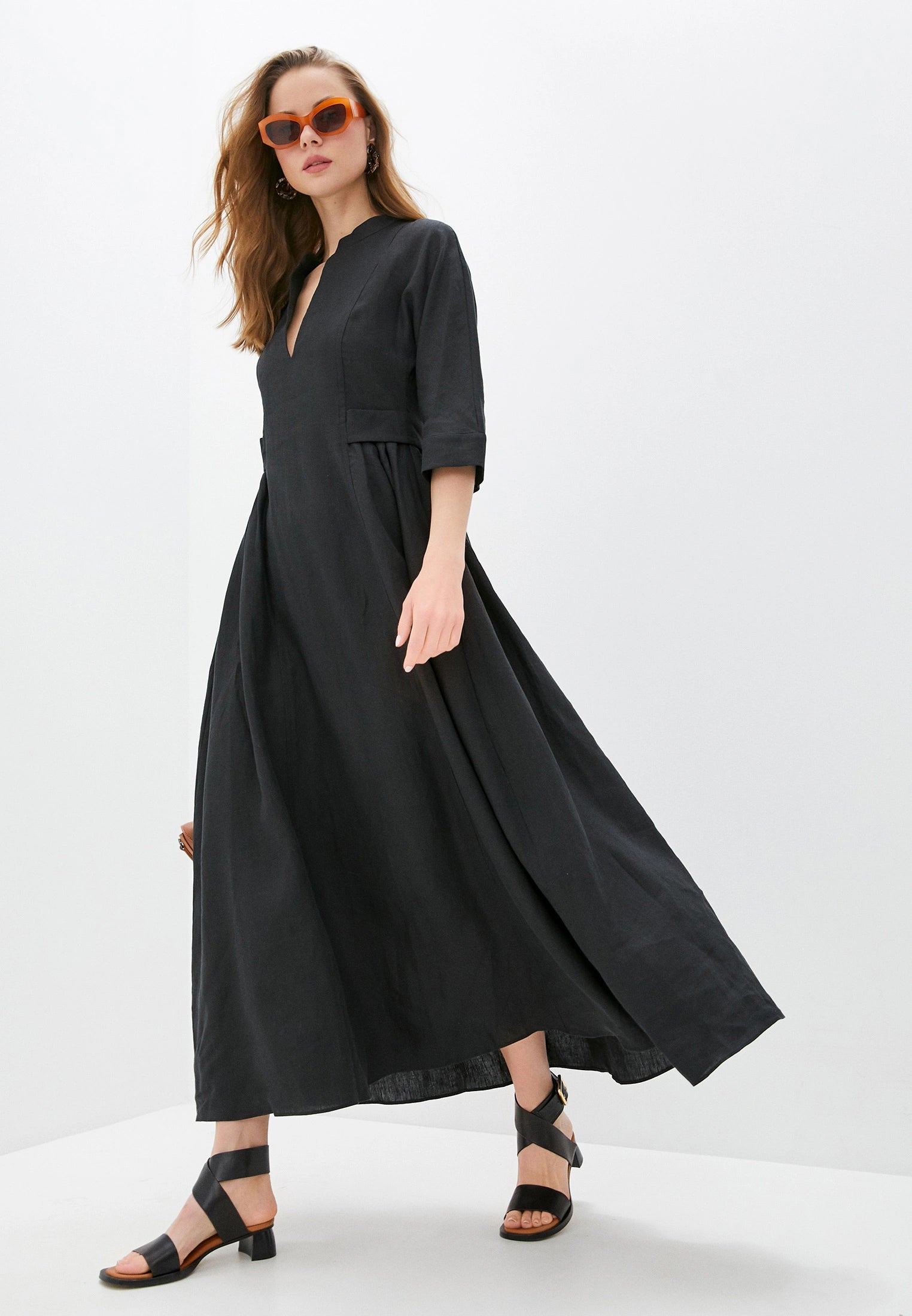 $895 ELEVENTY - Pure LINEN Black Caftan Dress - 6 / 44