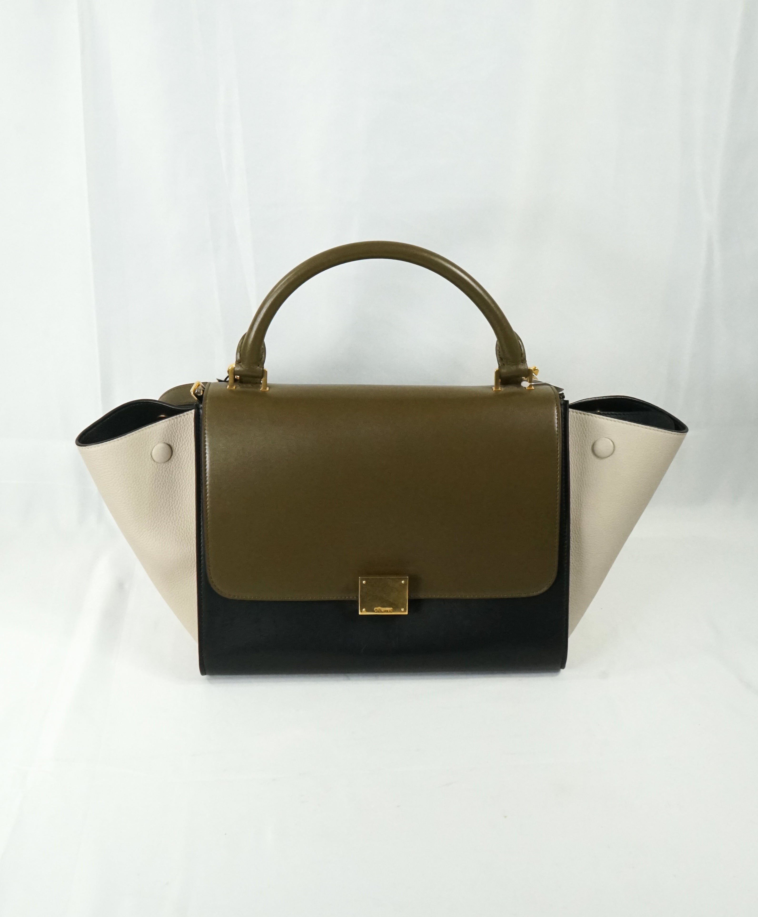 $2,950 CELINE - "Trapeze" Sleek Calfskin Tricolor Moss Green Handbag -