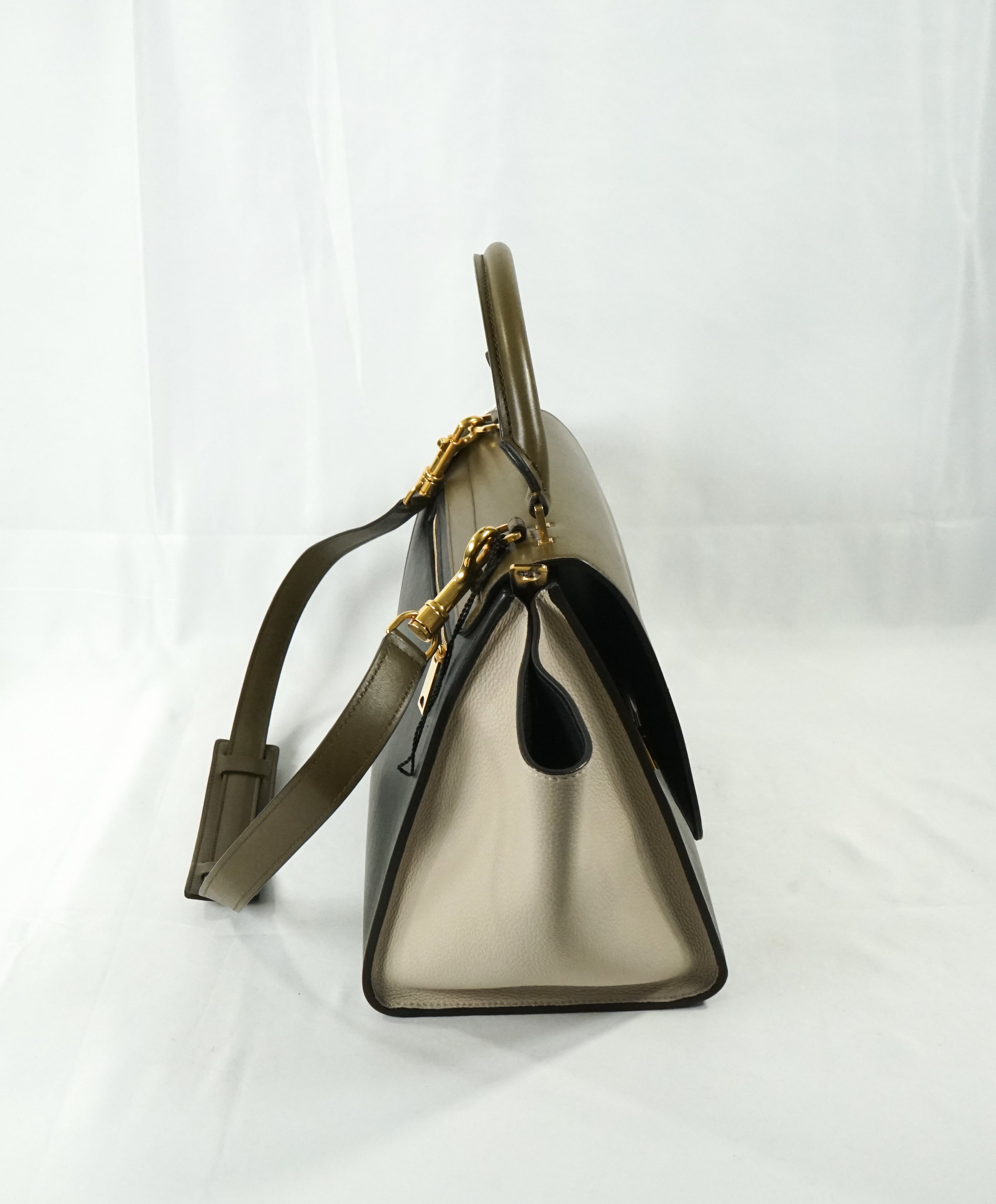 $2,950 CELINE - "Trapeze" Sleek Calfskin Tricolor Moss Green Handbag -